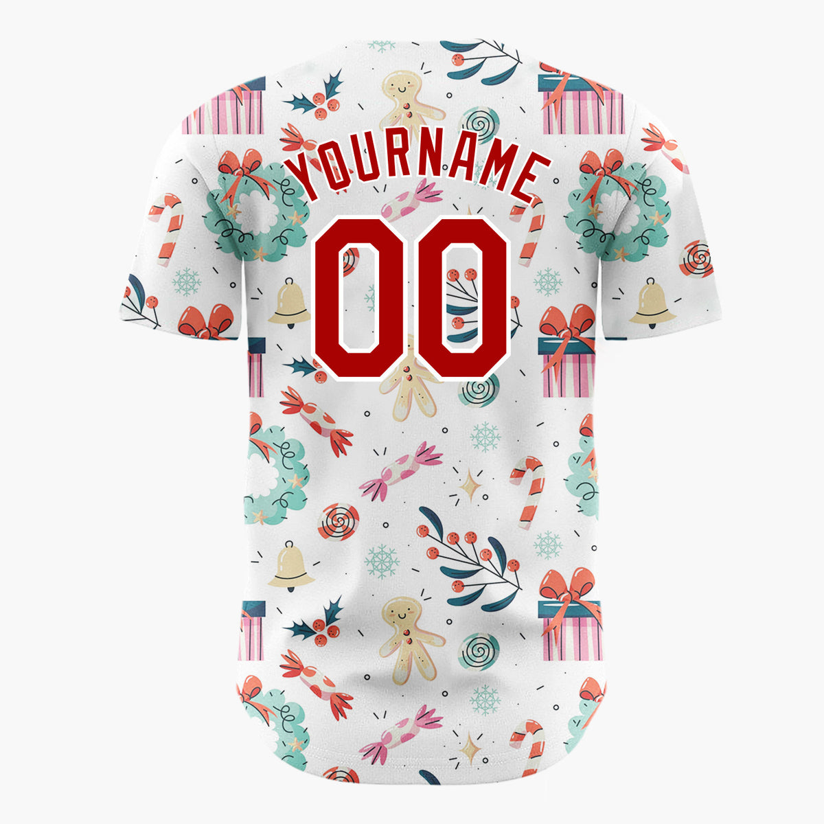 Custom White Red Teal Gingerbread Gifts And Wreaths Whimsical Christmas Baseball Jersey