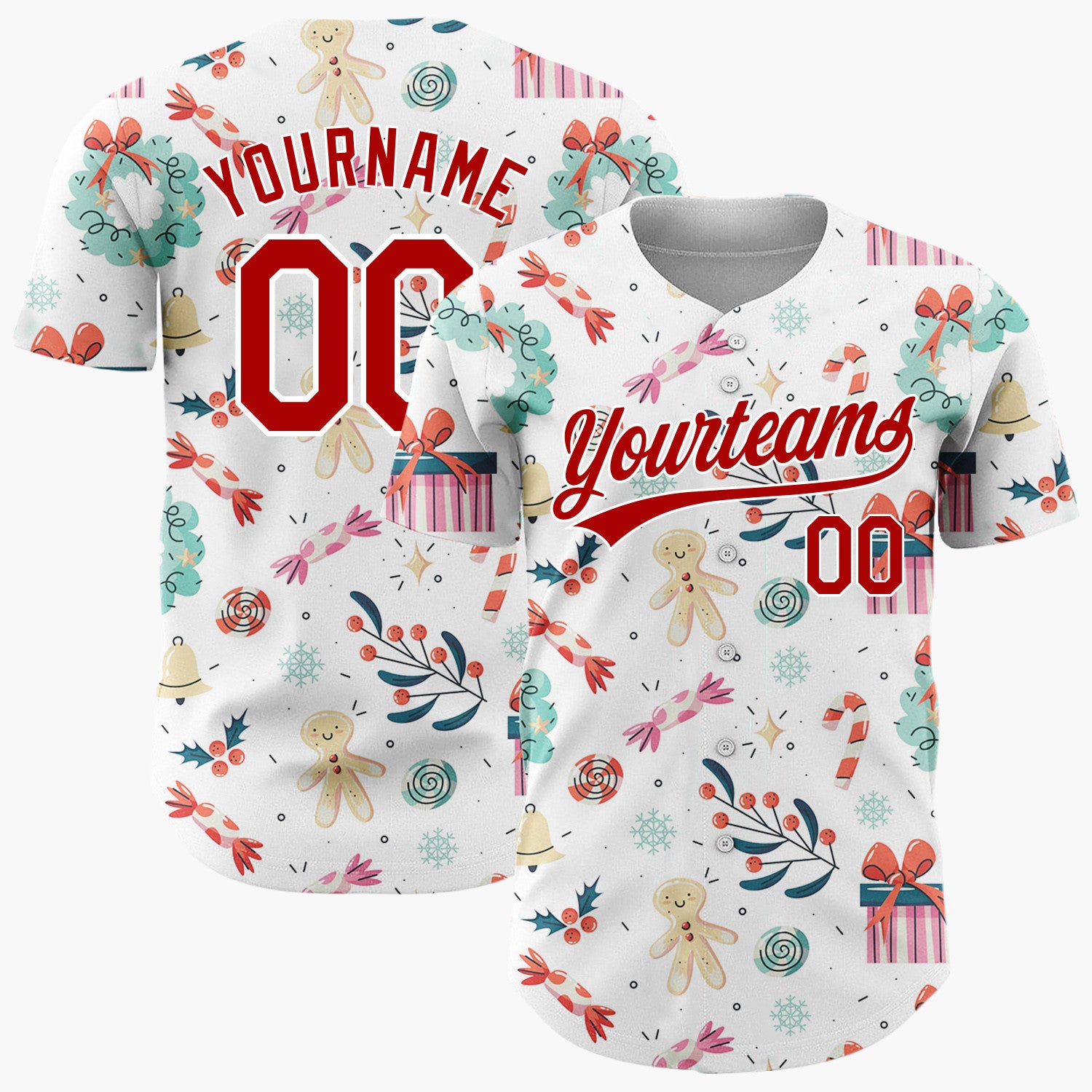 Custom White Red Teal Gingerbread Gifts And Wreaths Whimsical Christmas Baseball Jersey