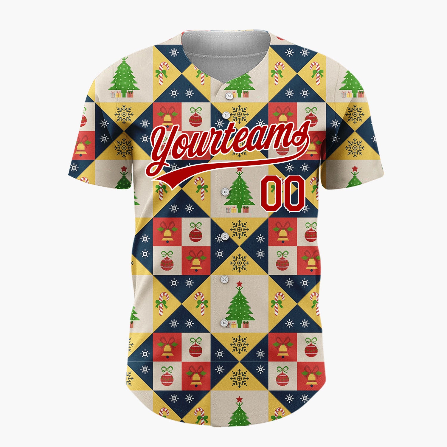 Custom Yellow Quilt Blocks Christmas Icons Geometric Folk Pattern Christmas Baseball Jersey