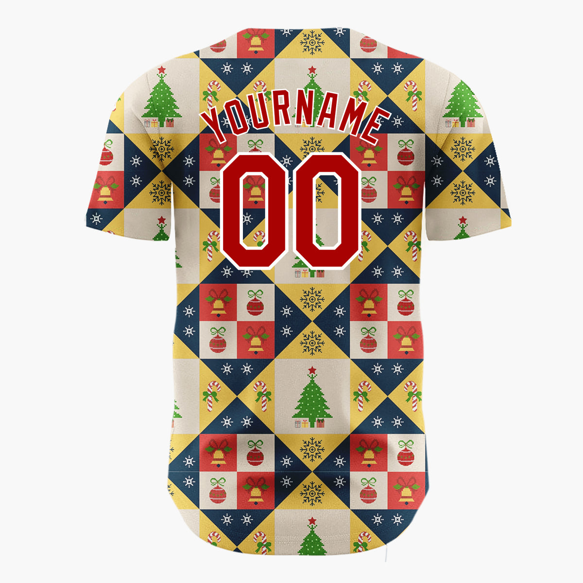Custom Yellow Quilt Blocks Christmas Icons Geometric Folk Pattern Christmas Baseball Jersey