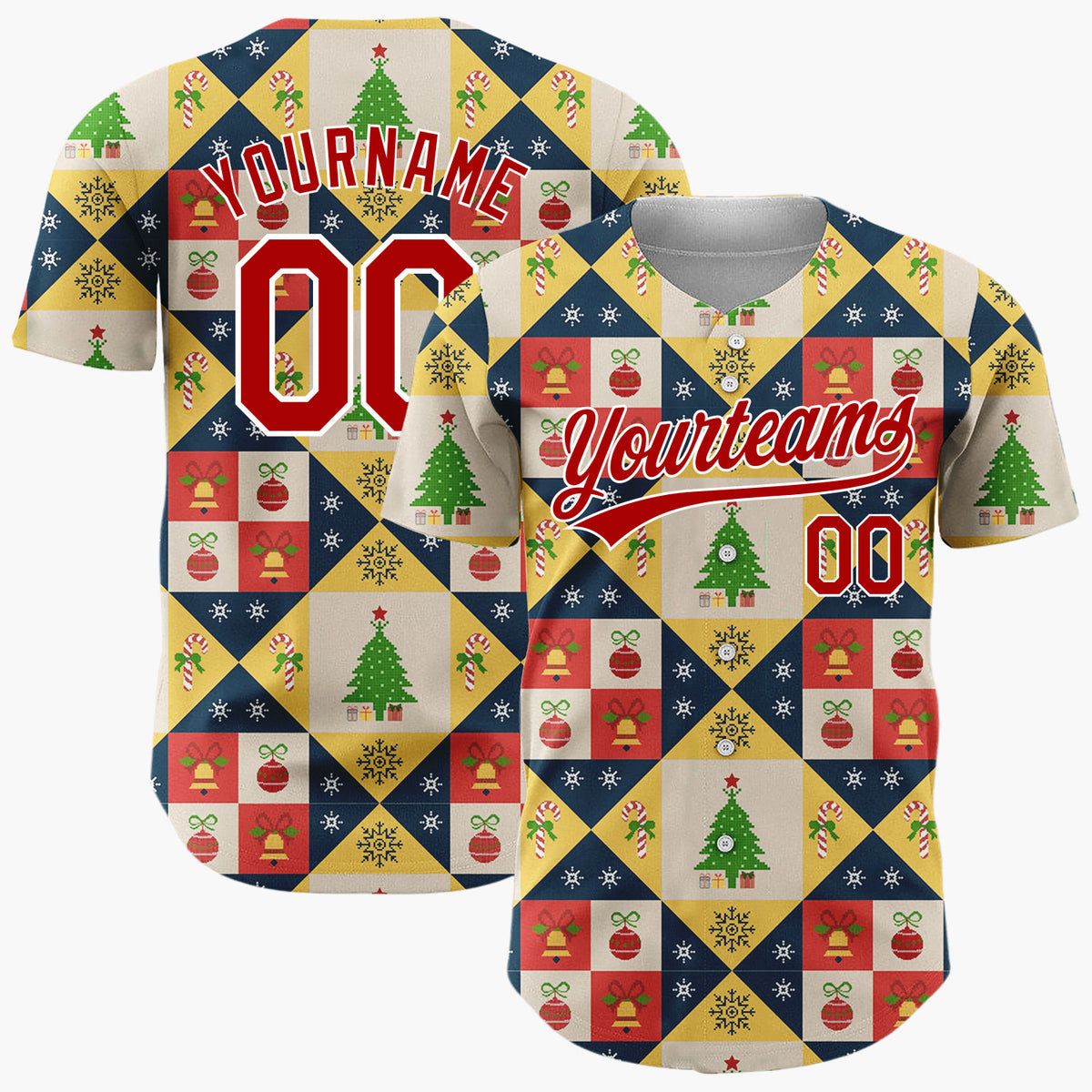 Custom Yellow Quilt Blocks Christmas Icons Geometric Folk Pattern Christmas Baseball Jersey