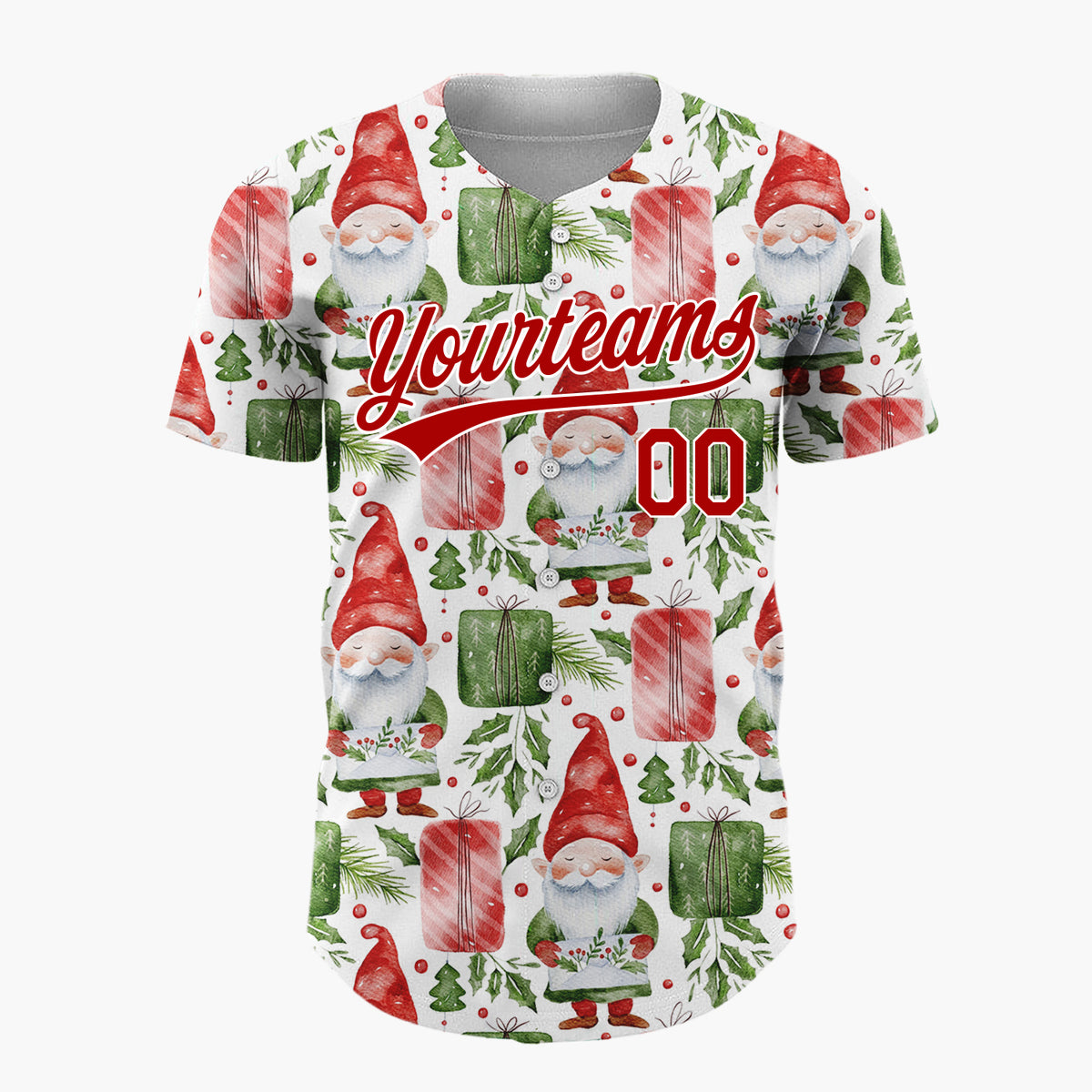 Custom White Watercolor Gnomes Gifts Festive Illustration Pattern Christmas Baseball Jersey