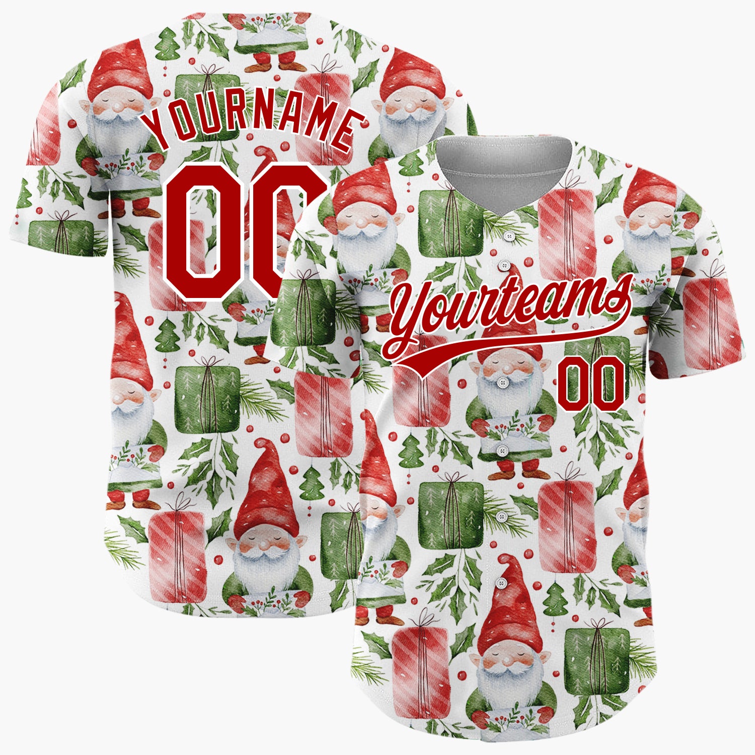 Custom White Watercolor Gnomes Gifts Festive Illustration Pattern Christmas Baseball Jersey