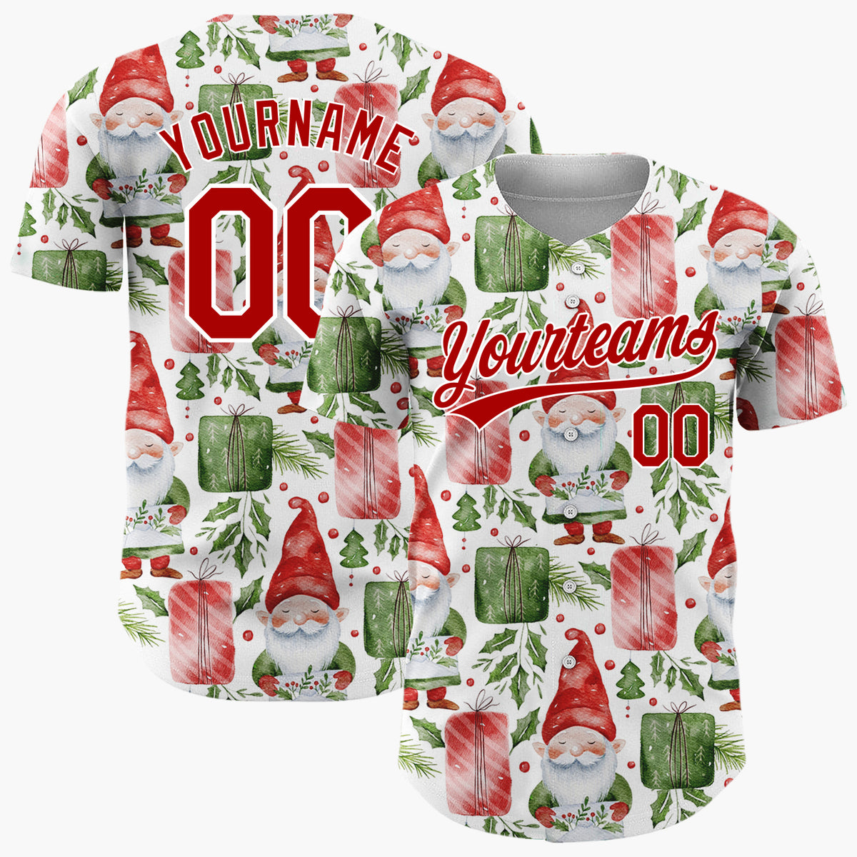 Custom White Watercolor Gnomes Gifts Festive Illustration Pattern Christmas Baseball Jersey