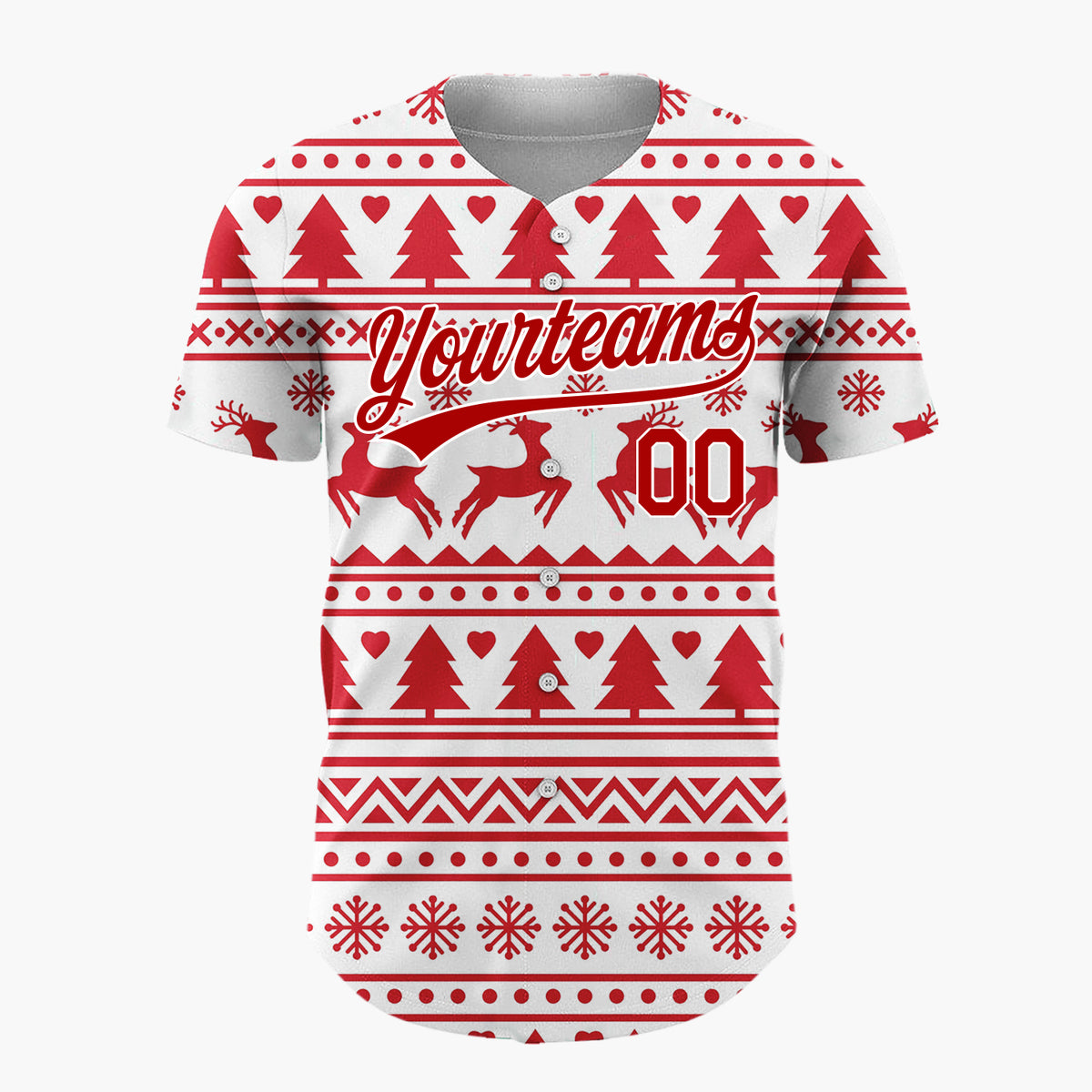 Custom White Red Reindeer And Trees Graphic Nordic Pattern Christmas Baseball Jersey