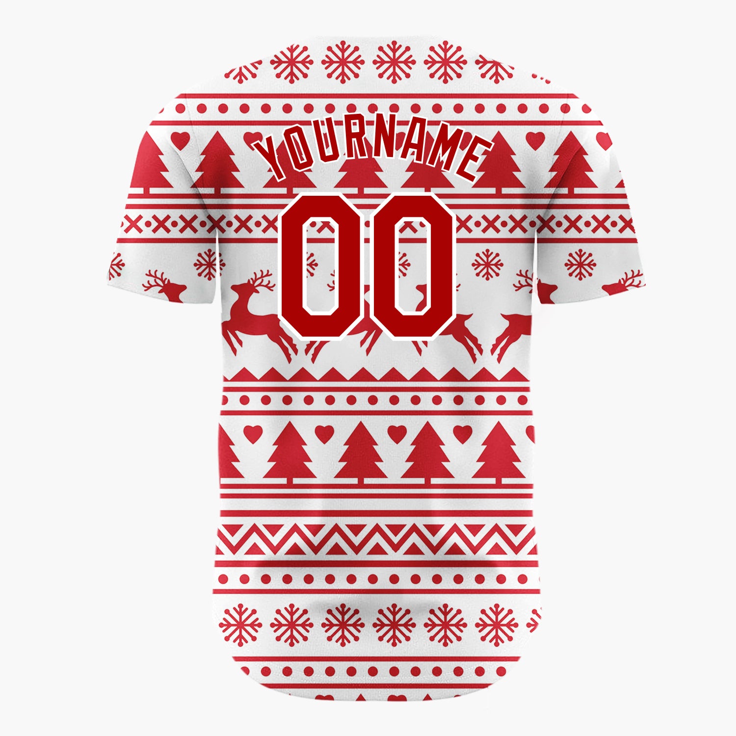 Custom White Red Reindeer And Trees Graphic Nordic Pattern Christmas Baseball Jersey