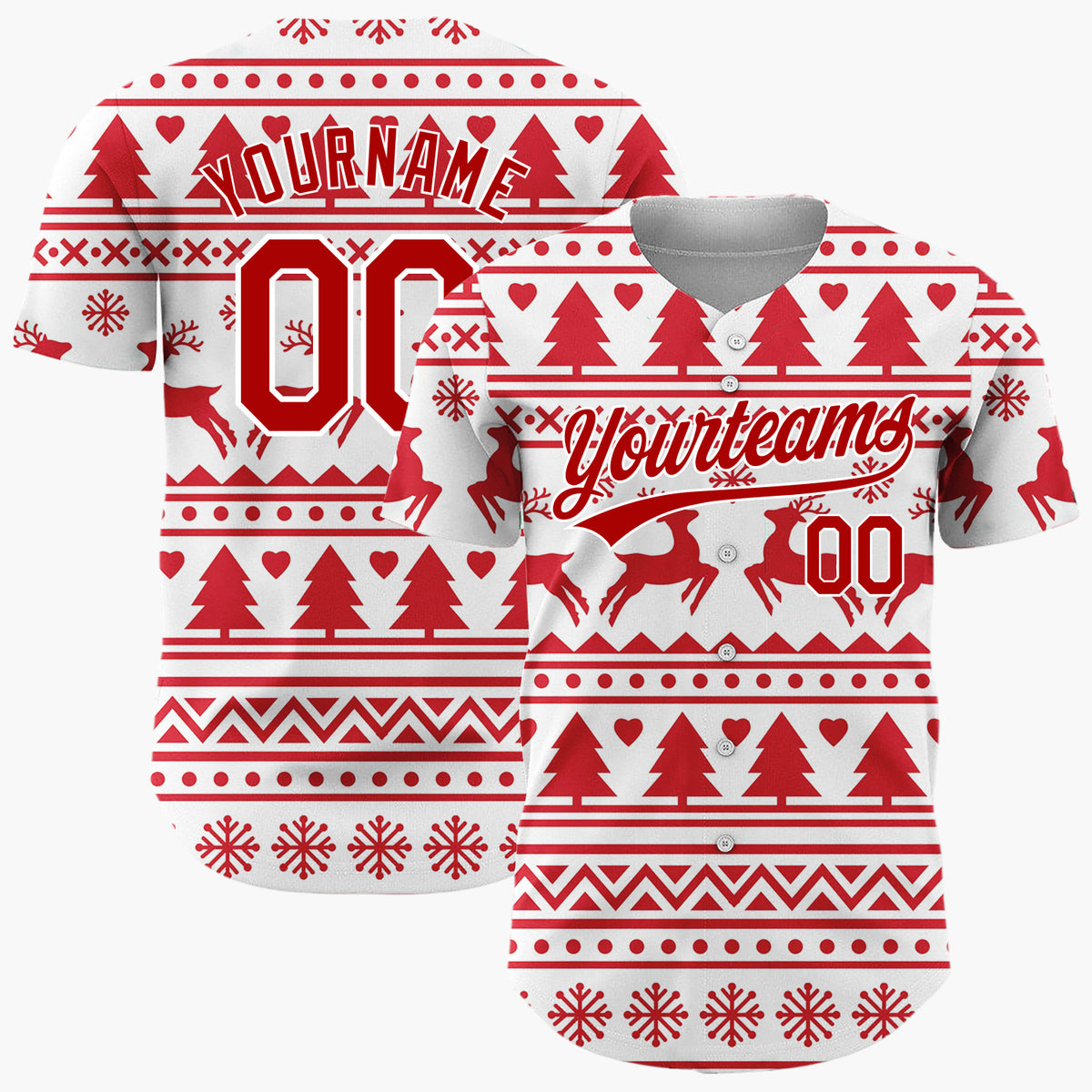 Custom White Red Reindeer And Trees Graphic Nordic Pattern Christmas Baseball Jersey