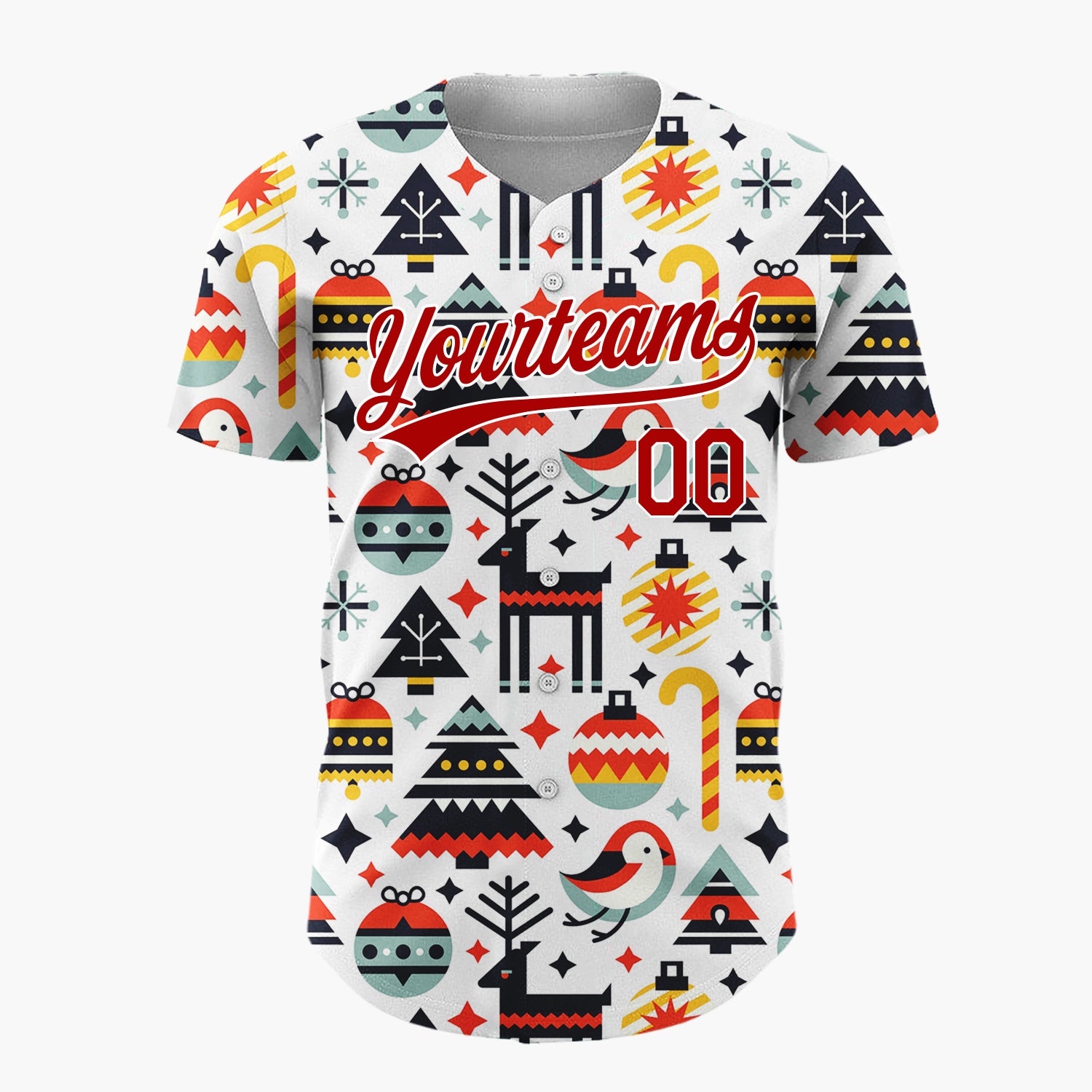 Custom White Reindeer Bird And Baubles Geometric Christmas Baseball Jersey