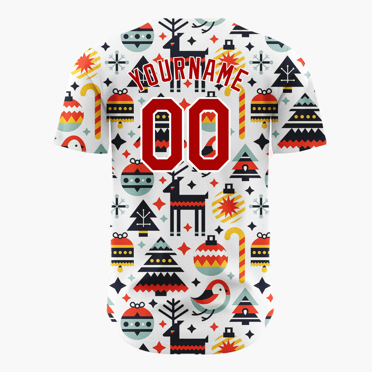 Custom White Reindeer Bird And Baubles Geometric Christmas Baseball Jersey