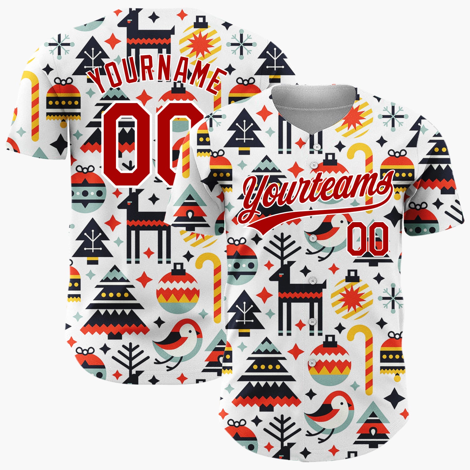 Custom White Reindeer Bird And Baubles Geometric Christmas Baseball Jersey