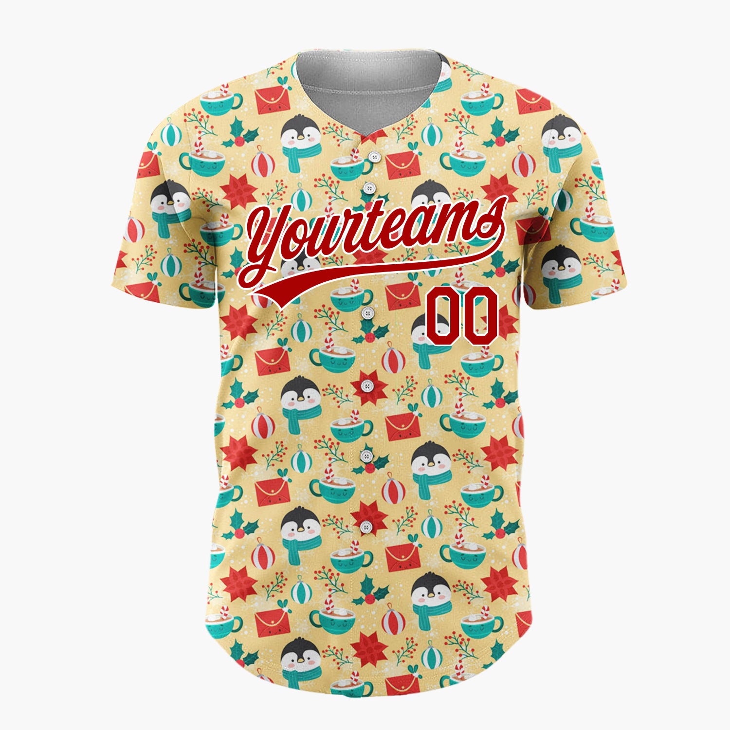 Custom Yellow Red Penguins Mugs And Holly Christmas Character Doodle Pattern Christmas Baseball Jersey