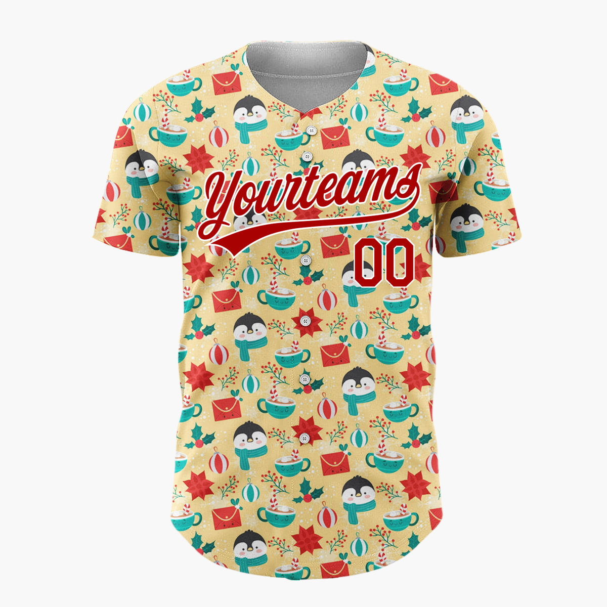 Custom Yellow Red Penguins Mugs And Holly Christmas Character Doodle Pattern Christmas Baseball Jersey