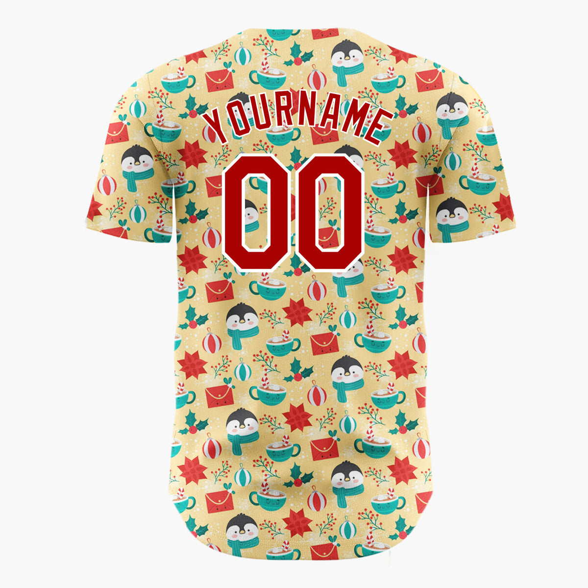 Custom Yellow Red Penguins Mugs And Holly Christmas Character Doodle Pattern Christmas Baseball Jersey