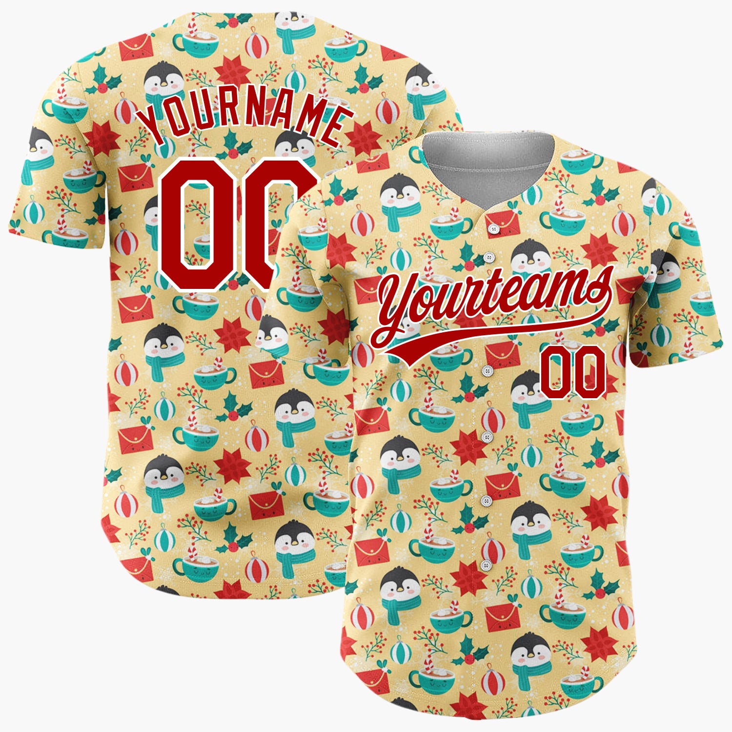 Custom Yellow Red Penguins Mugs And Holly Christmas Character Doodle Pattern Christmas Baseball Jersey