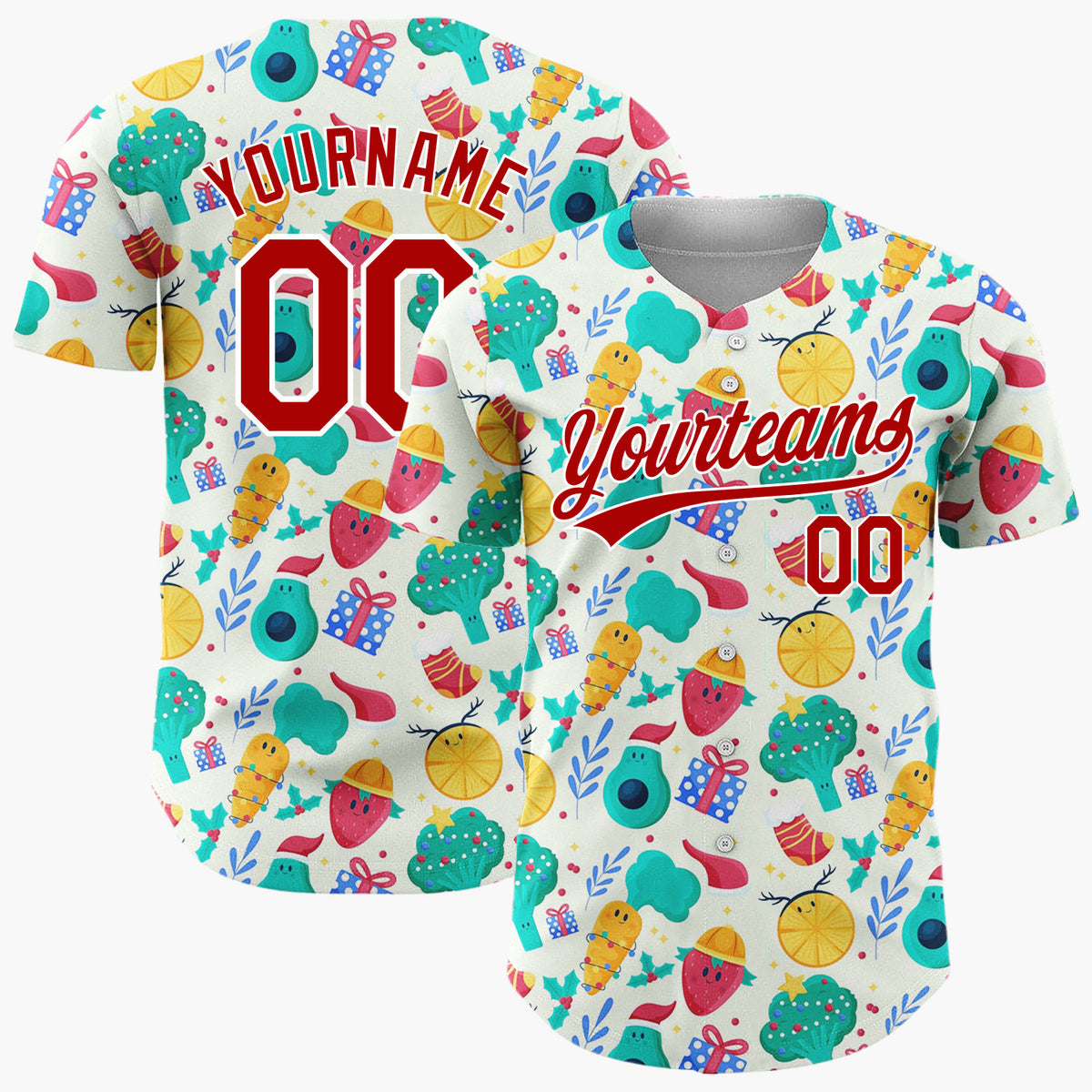 Custom Yellow Green Fruits Vegetables And Gifts Funny Christmas Baseball Jersey