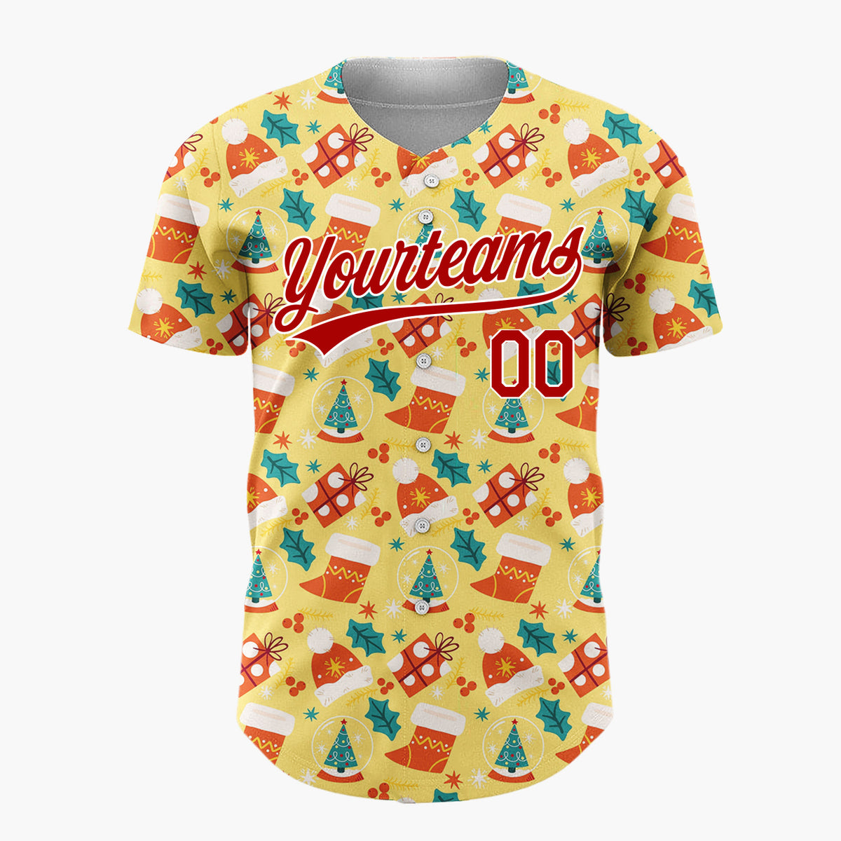 Custom Yellow Red Hats Stockings And Gifts Cheerful Christmas Baseball Jersey