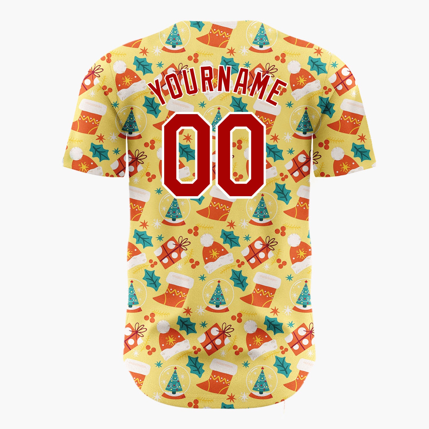 Custom Yellow Red Hats Stockings And Gifts Cheerful Christmas Baseball Jersey