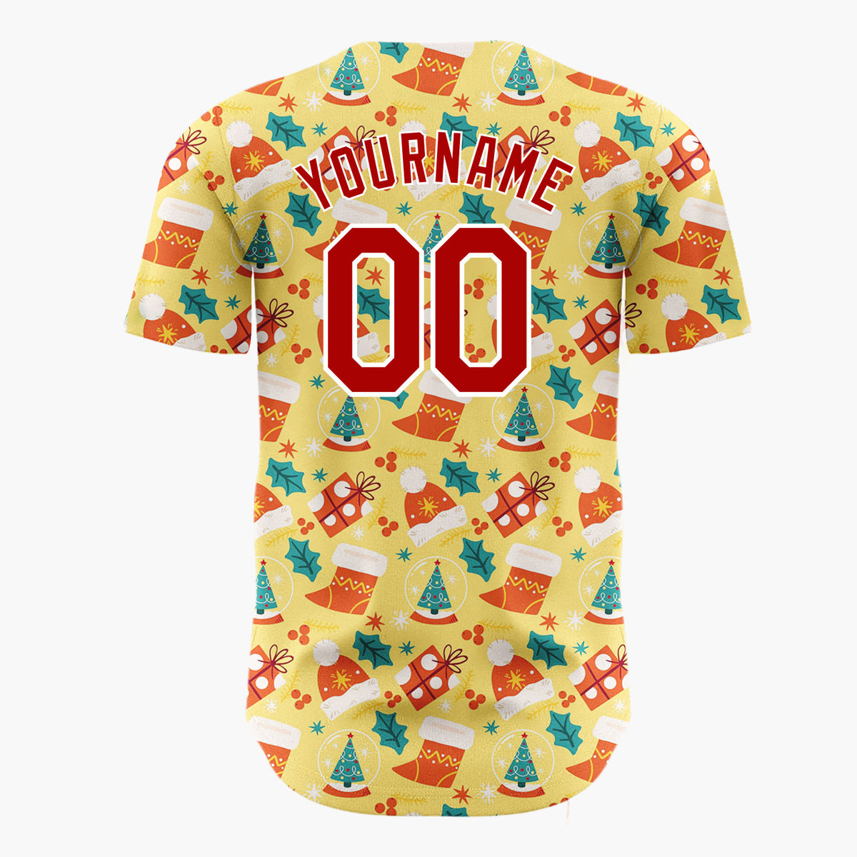 Custom Yellow Red Hats Stockings And Gifts Cheerful Christmas Baseball Jersey
