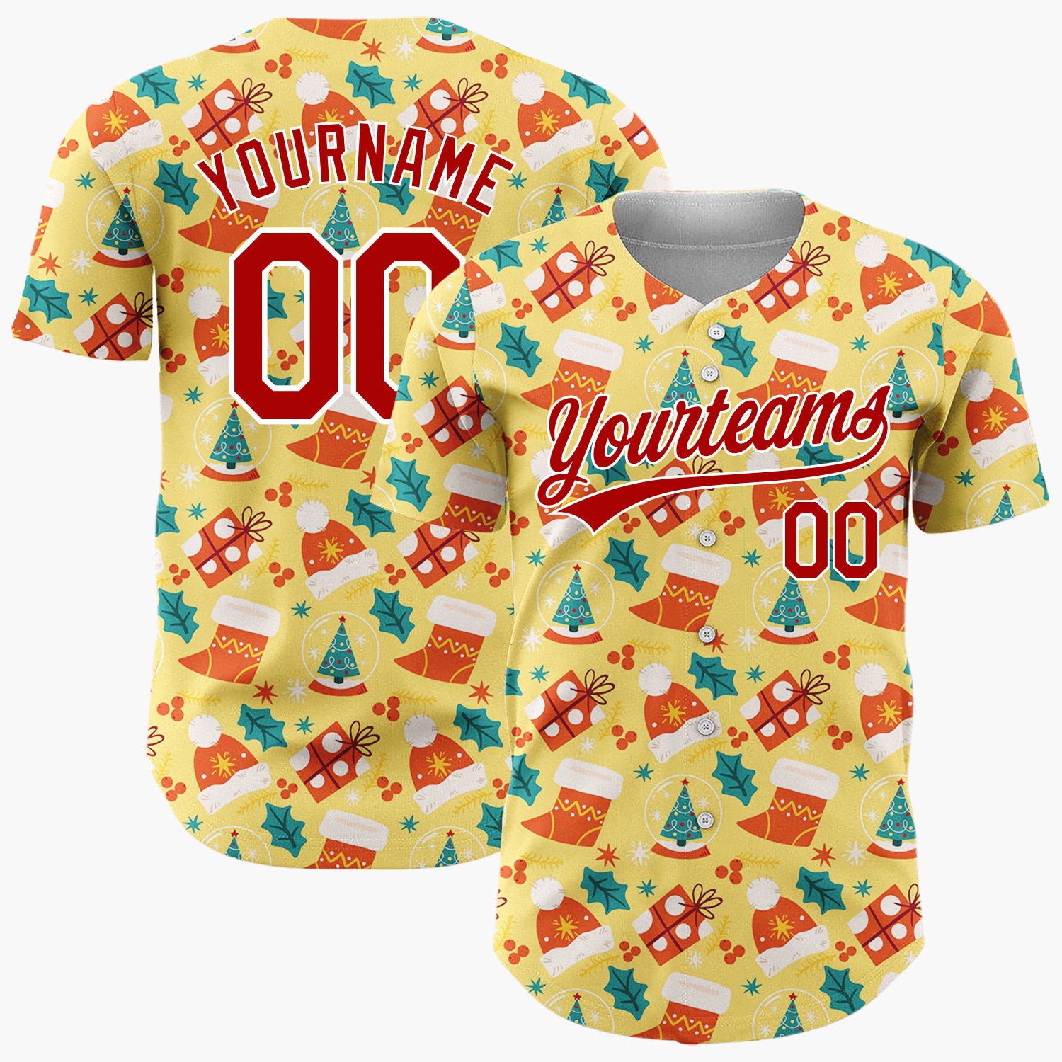 Custom Yellow Red Hats Stockings And Gifts Cheerful Christmas Baseball Jersey