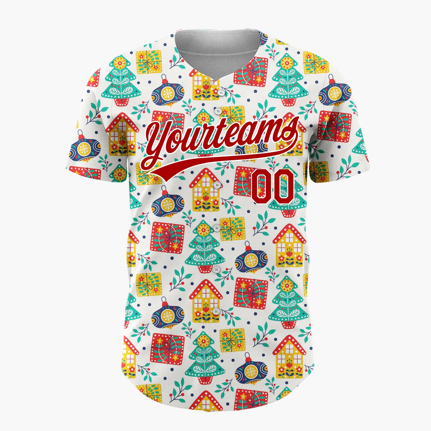 Custom White Red Yellow Trees Gifts And Houses Folk Christmas Baseball Jersey