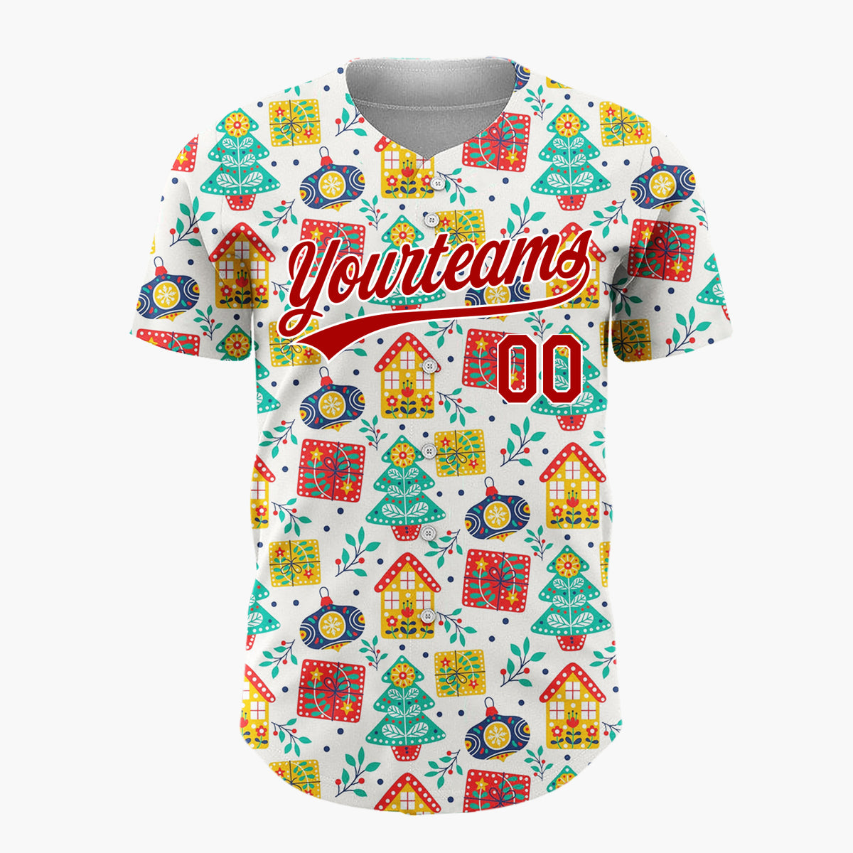 Custom White Red Yellow Trees Gifts And Houses Folk Christmas Baseball Jersey