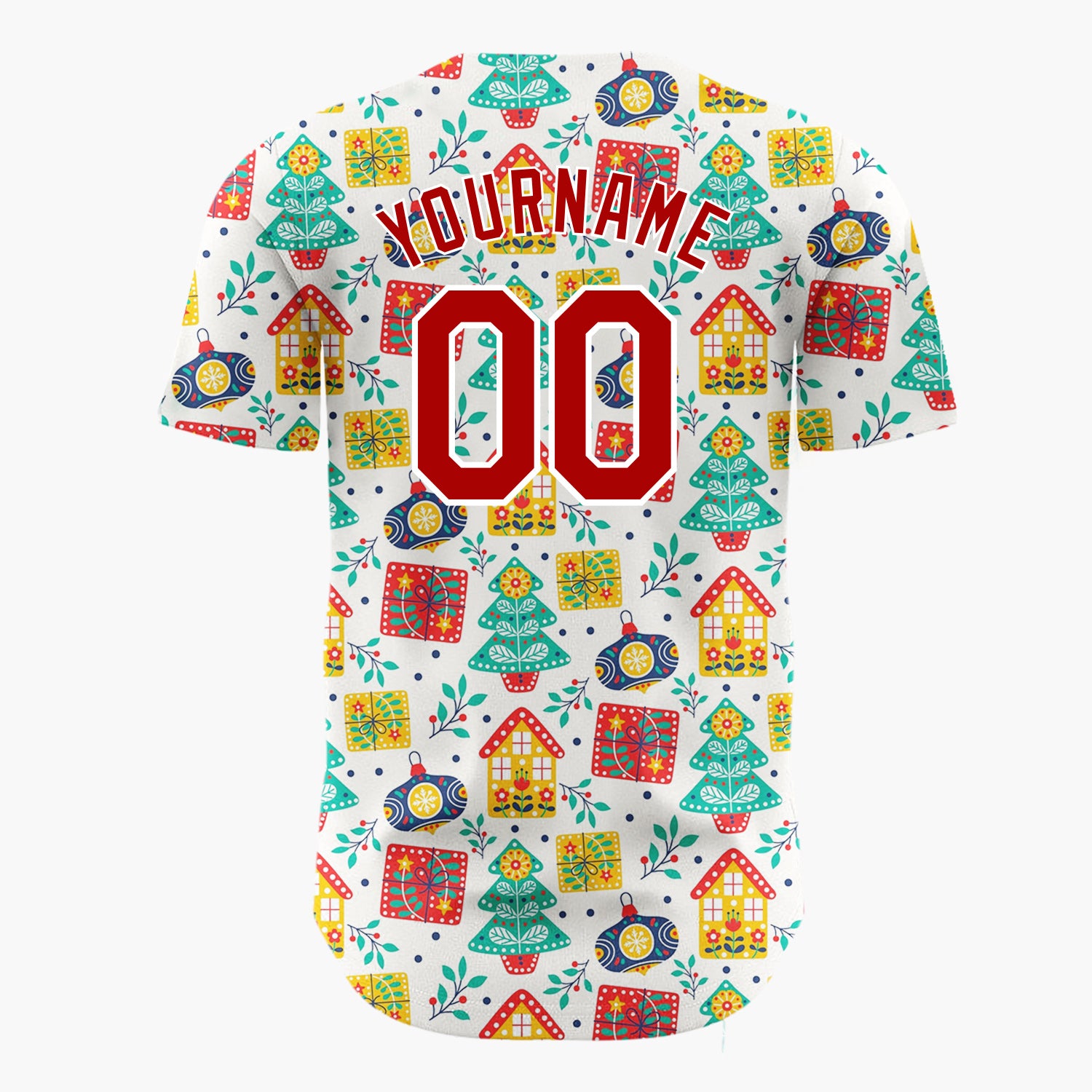 Custom White Red Yellow Trees Gifts And Houses Folk Christmas Baseball Jersey
