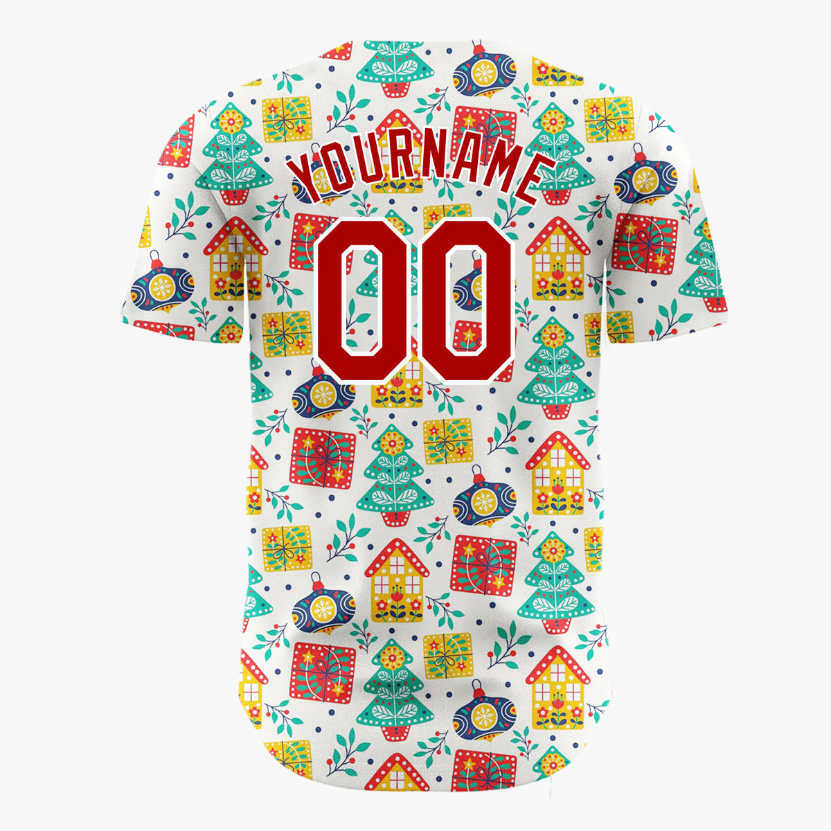Custom White Red Yellow Trees Gifts And Houses Folk Christmas Baseball Jersey