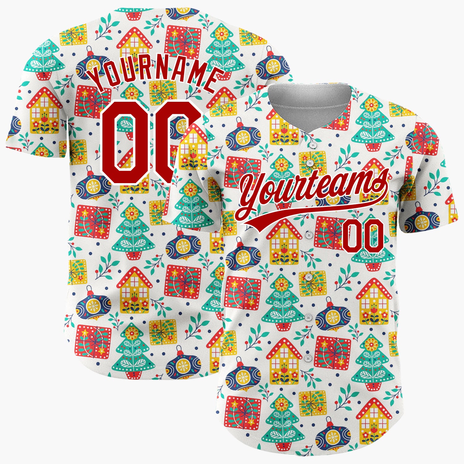 Custom White Red Yellow Trees Gifts And Houses Folk Christmas Baseball Jersey