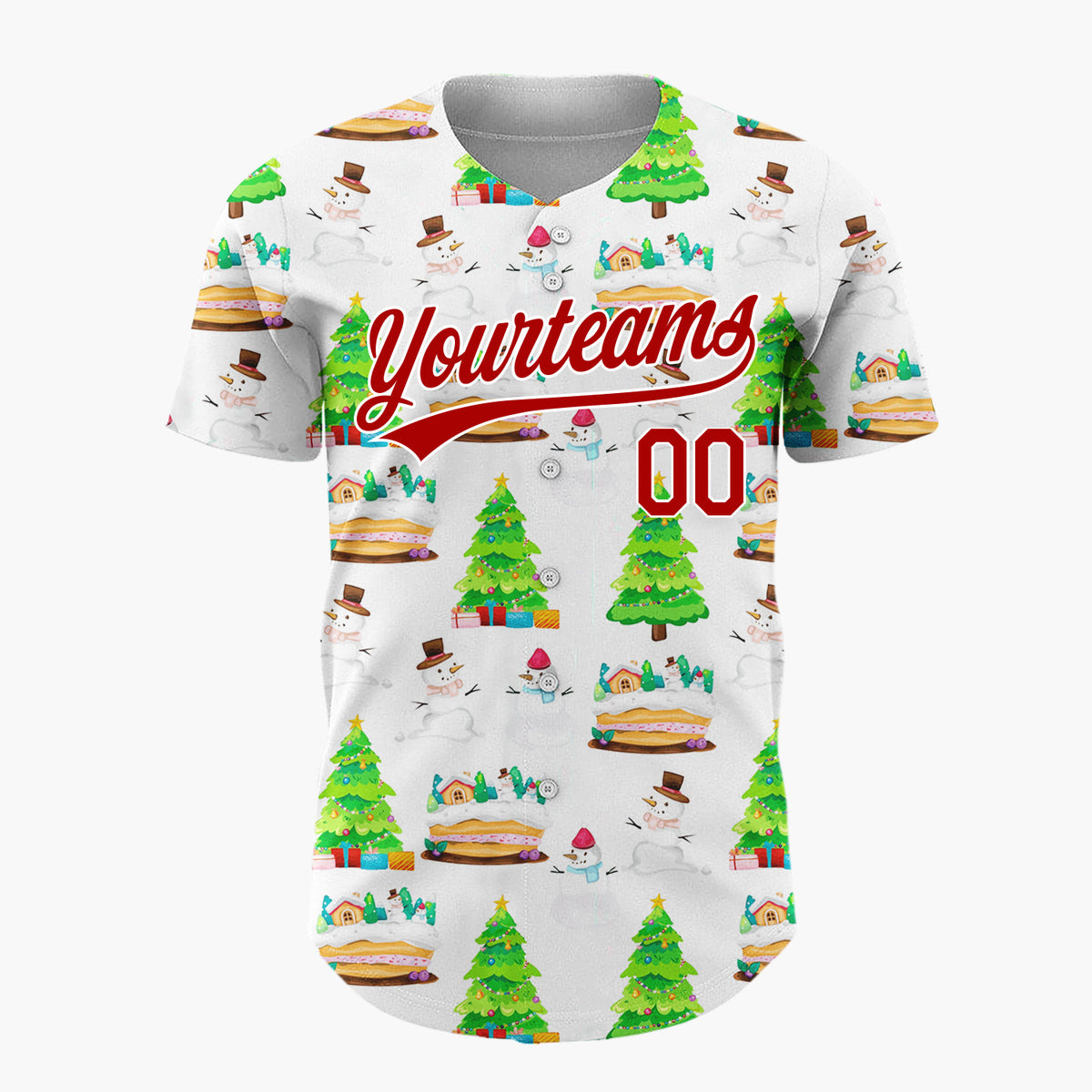 Custom White Snowman And Cake Whimsical Illustration Pattern Christmas Baseball Jersey