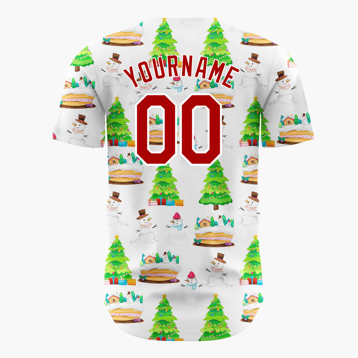 Custom White Snowman And Cake Whimsical Illustration Pattern Christmas Baseball Jersey