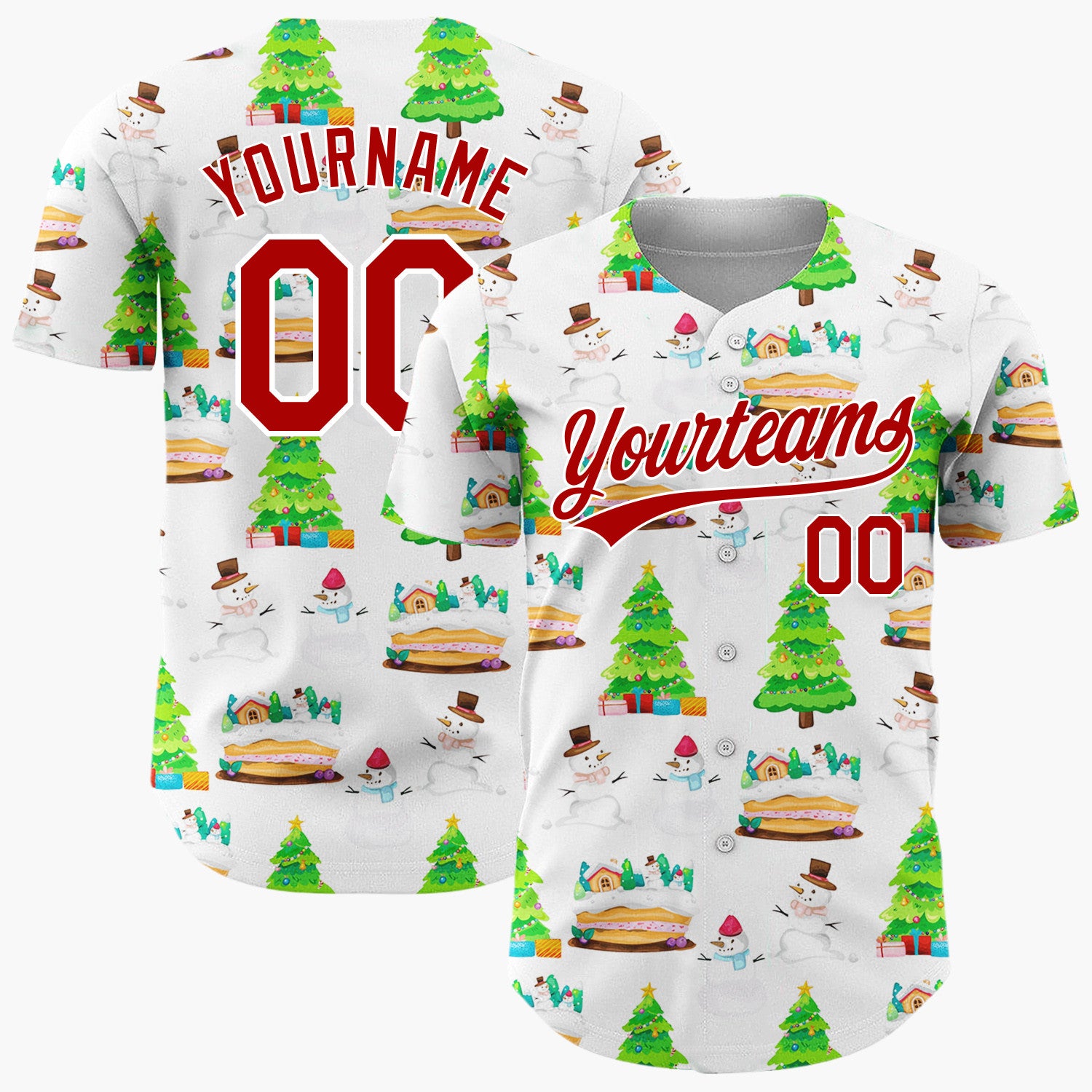 Custom White Snowman And Cake Whimsical Illustration Pattern Christmas Baseball Jersey