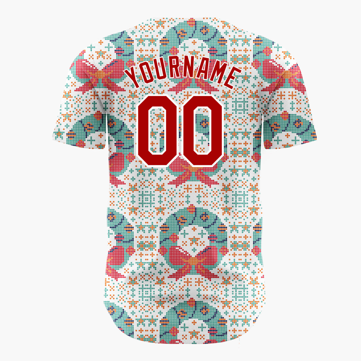 Custom White Wreath Cross Stitch Sweater Pattern Christmas Baseball Jersey