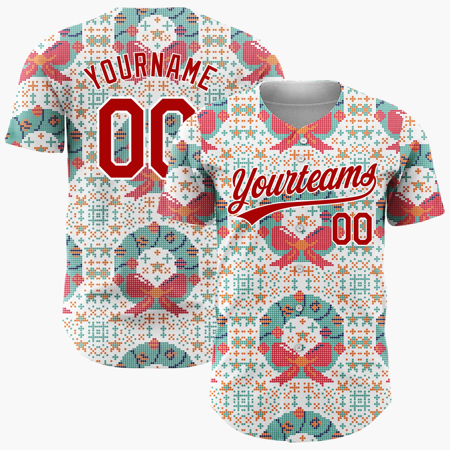 Custom White Wreath Cross Stitch Sweater Pattern Christmas Baseball Jersey