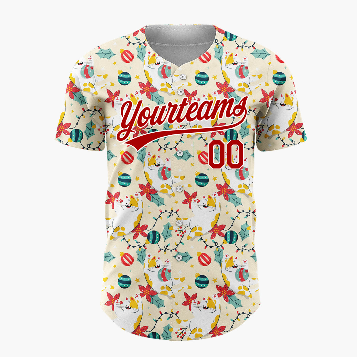 Custom Yellow Red Green Cats Poinsettias And Lights Whimsical Pet Pattern Christmas Baseball Jersey