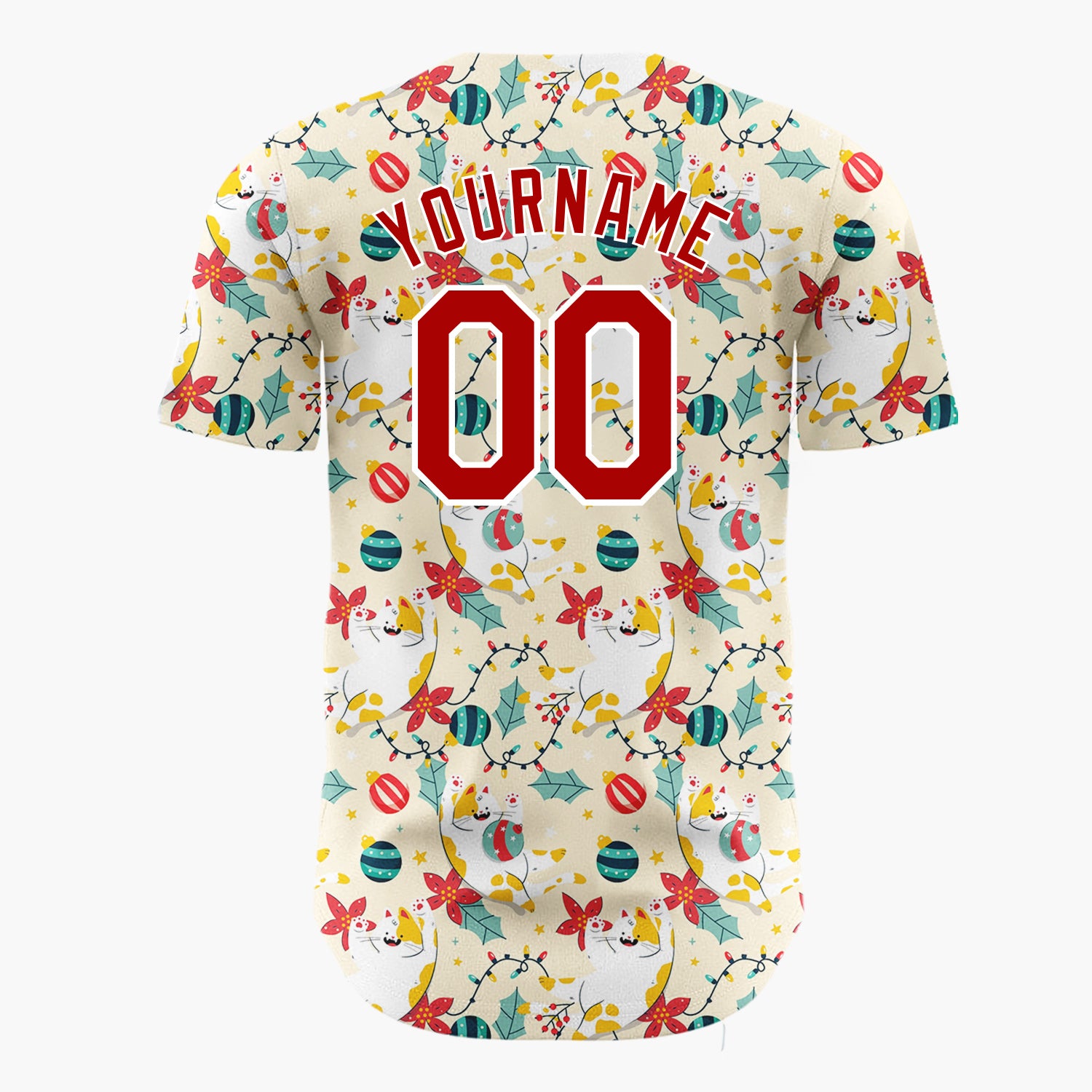 Custom Yellow Red Green Cats Poinsettias And Lights Whimsical Pet Pattern Christmas Baseball Jersey