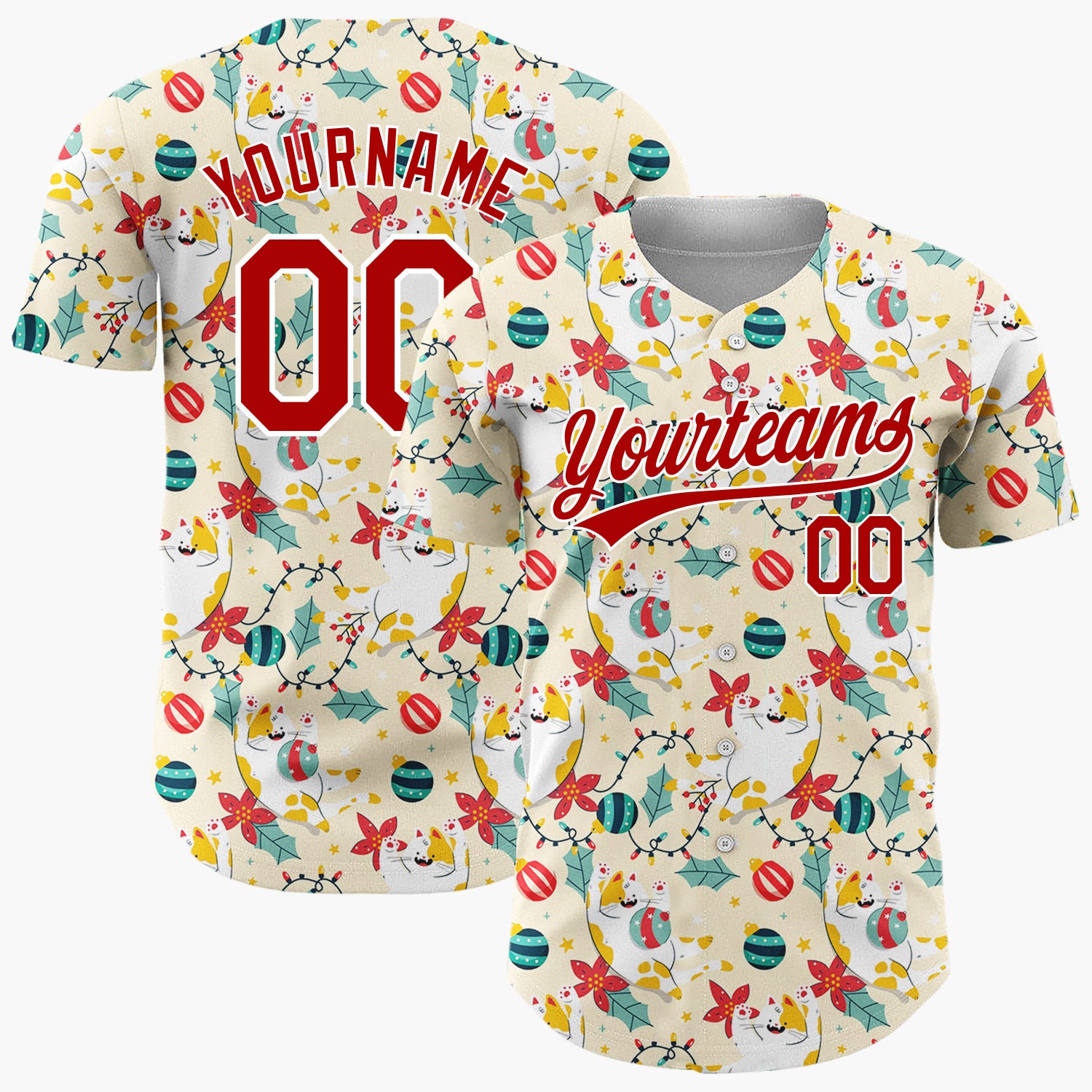 Custom Yellow Red Green Cats Poinsettias And Lights Whimsical Pet Pattern Christmas Baseball Jersey