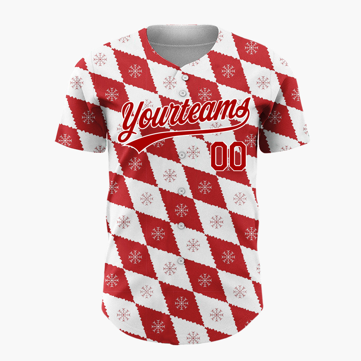 Custom White Red Snowflake Argyle Geometric Pattern Christmas Baseball Jersey