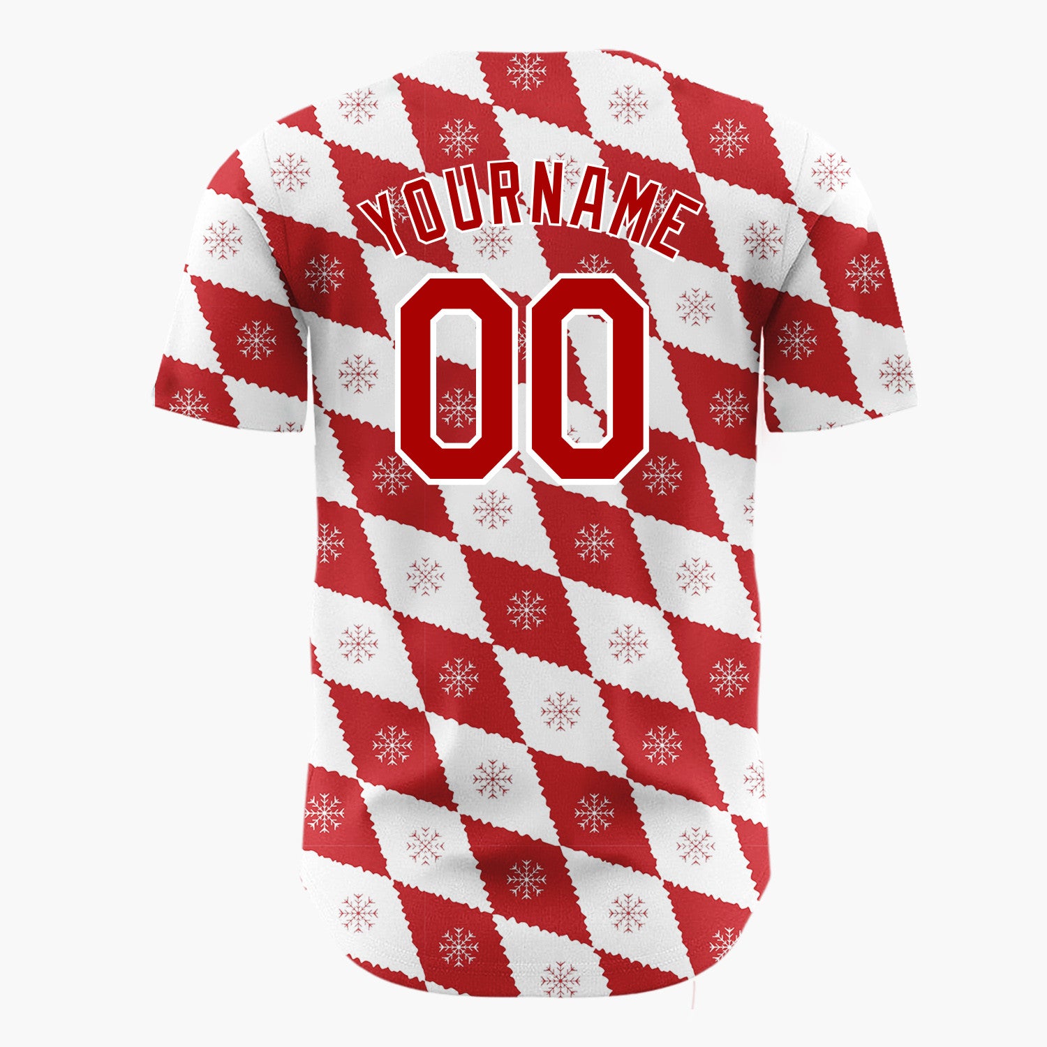 Custom White Red Snowflake Argyle Geometric Pattern Christmas Baseball Jersey