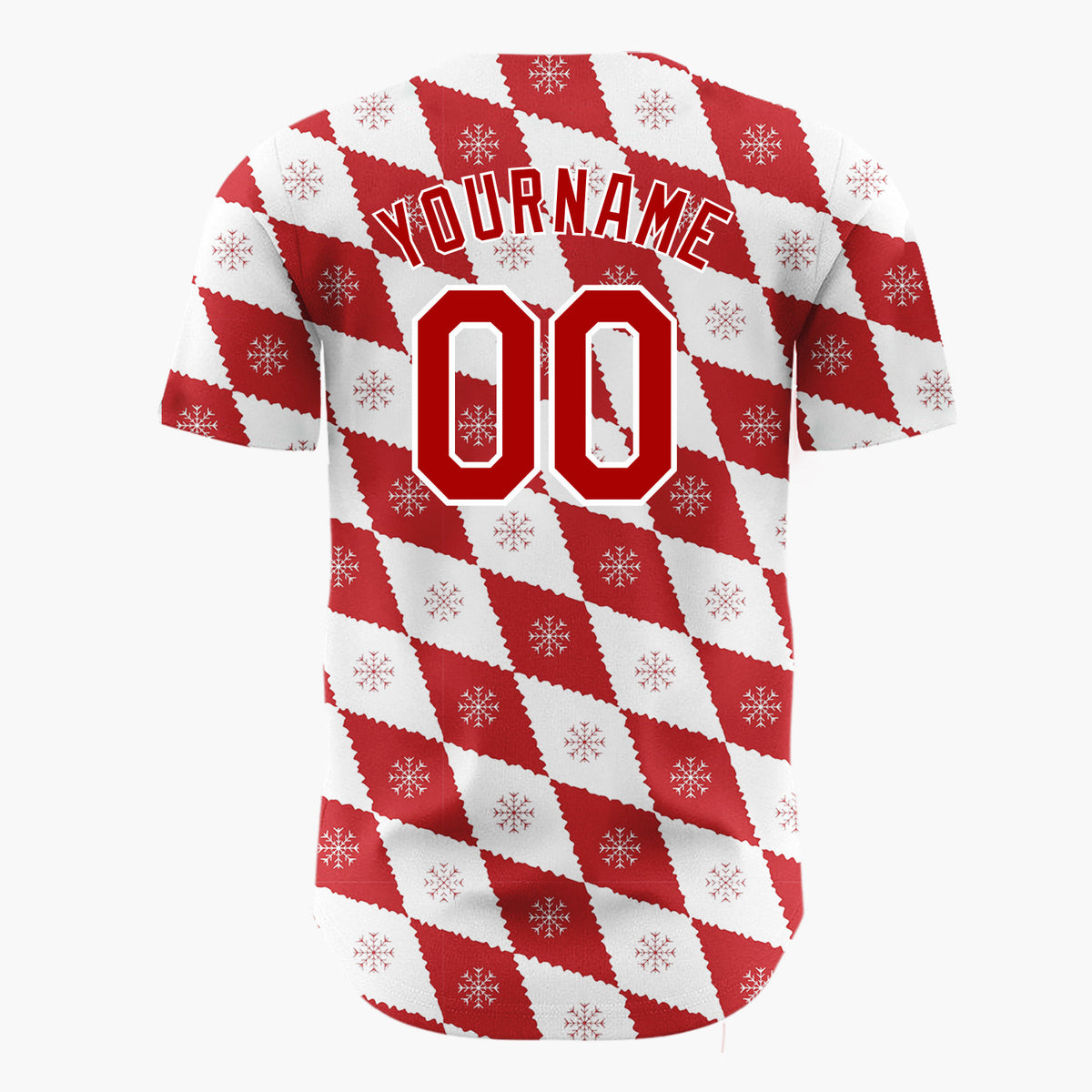 Custom White Red Snowflake Argyle Geometric Pattern Christmas Baseball Jersey
