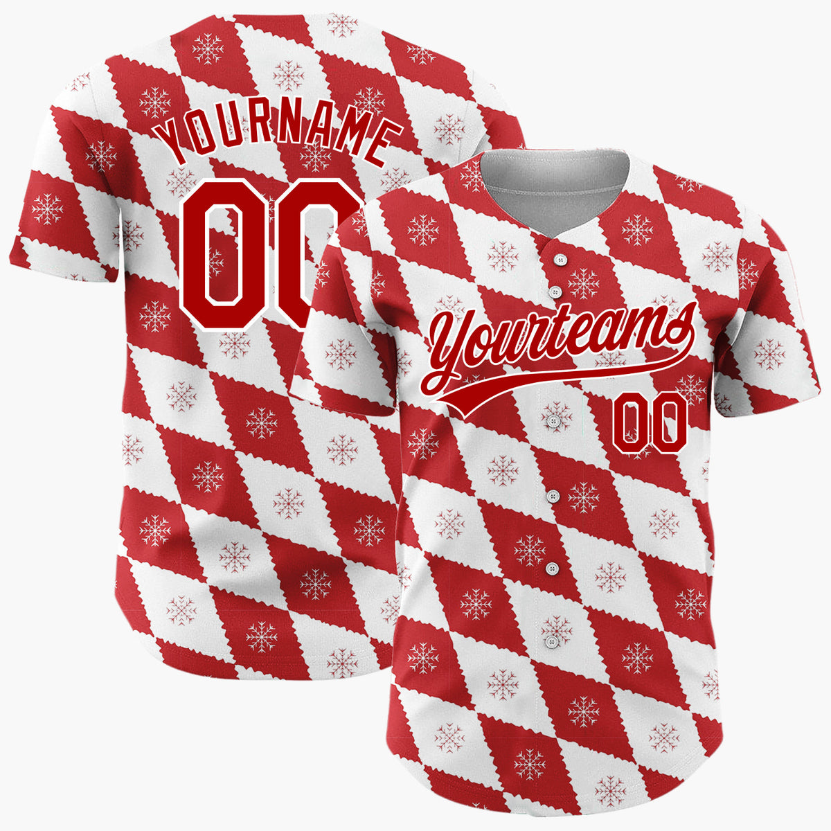 Custom White Red Snowflake Argyle Geometric Pattern Christmas Baseball Jersey