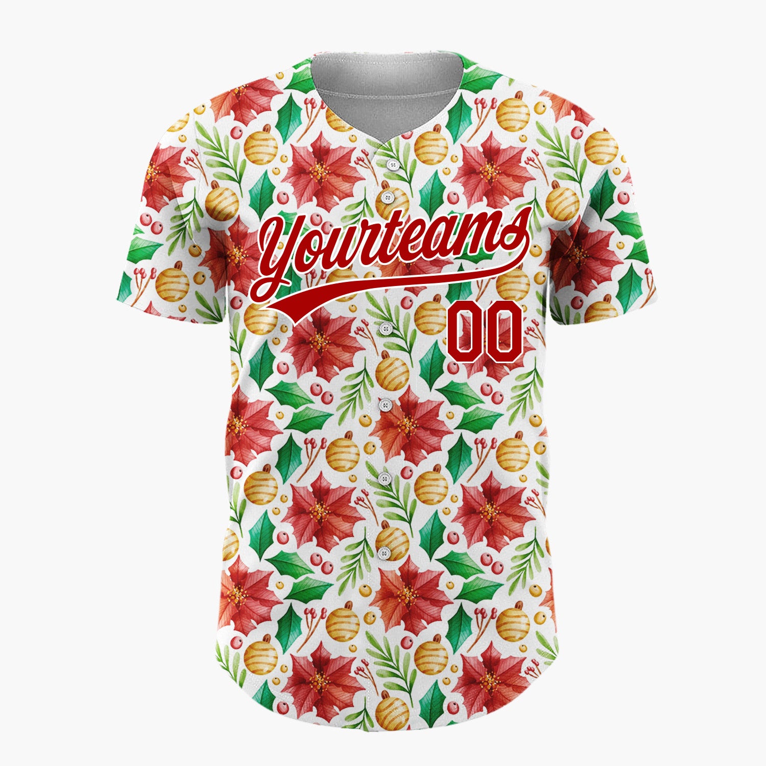 Custom White Red Poinsettias Holly And Baubles Christmas Watercolor Pattern Christmas Baseball Jersey