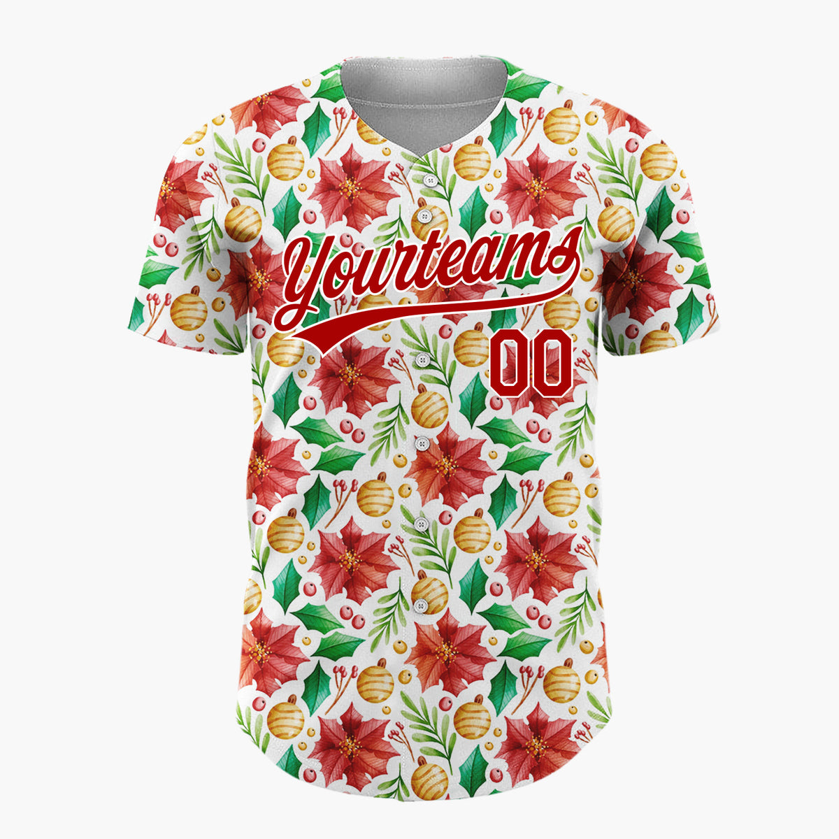 Custom White Red Poinsettias Holly And Baubles Christmas Watercolor Pattern Christmas Baseball Jersey