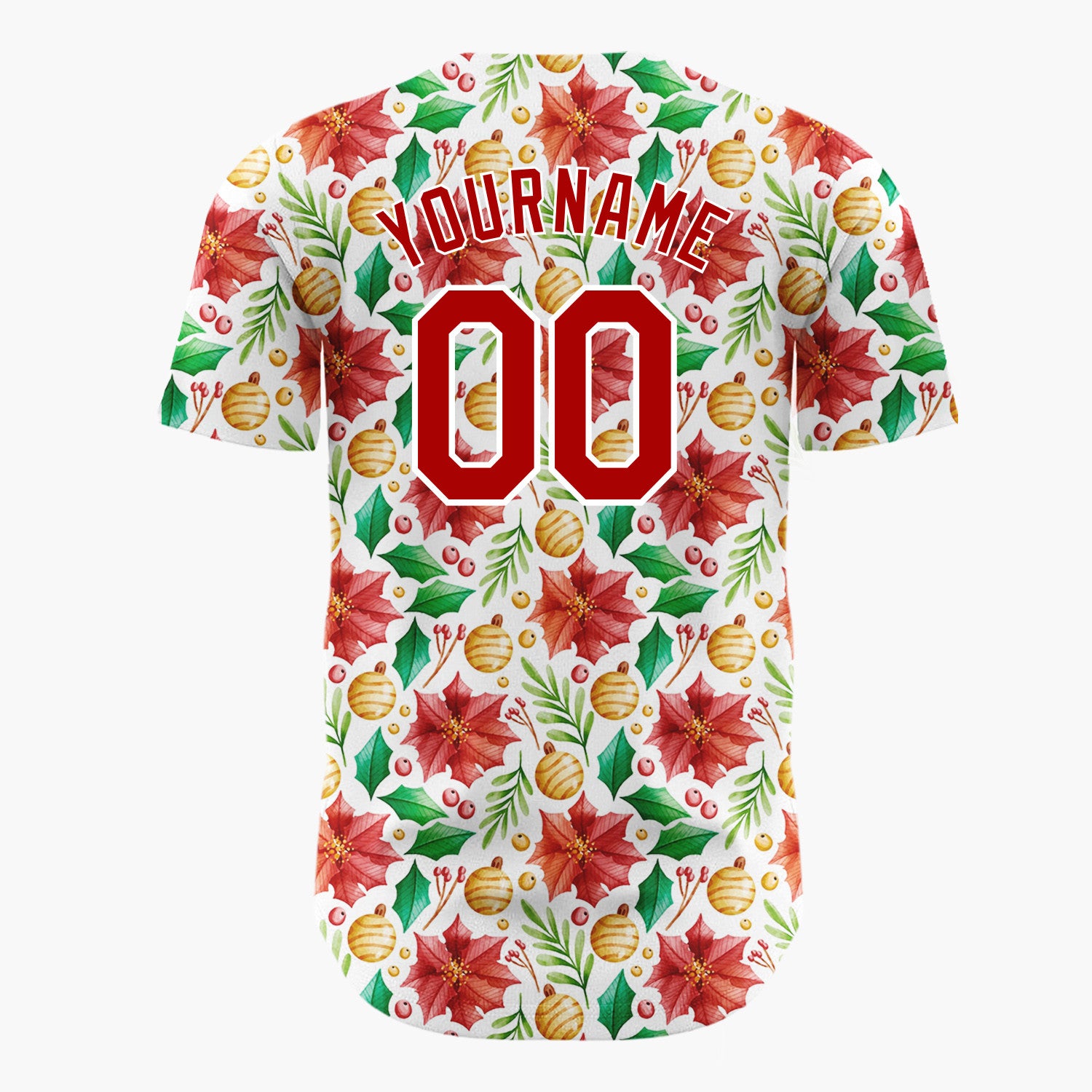 Custom White Red Poinsettias Holly And Baubles Christmas Watercolor Pattern Christmas Baseball Jersey
