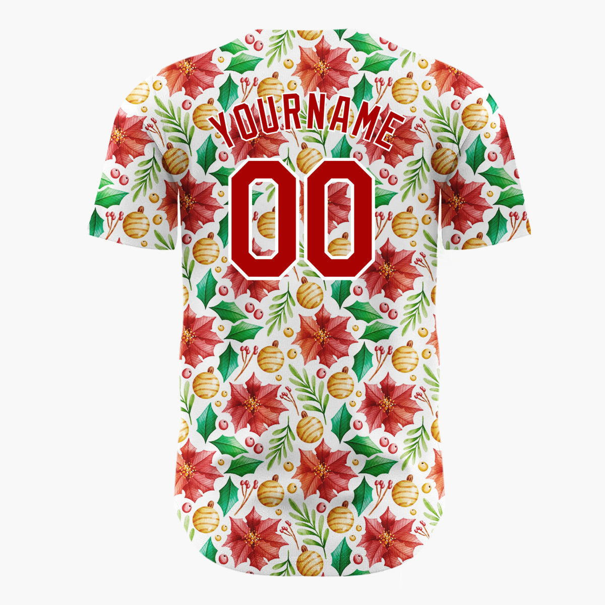 Custom White Red Poinsettias Holly And Baubles Christmas Watercolor Pattern Christmas Baseball Jersey