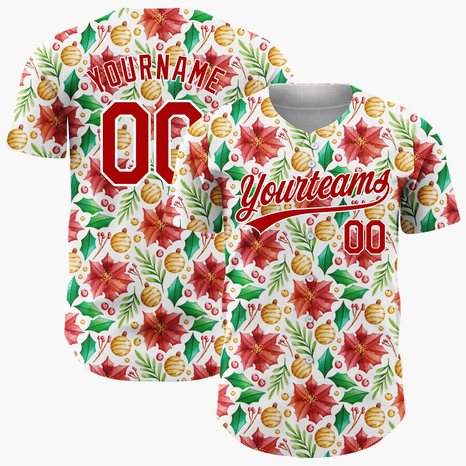 Custom White Red Poinsettias Holly And Baubles Christmas Watercolor Pattern Christmas Baseball Jersey