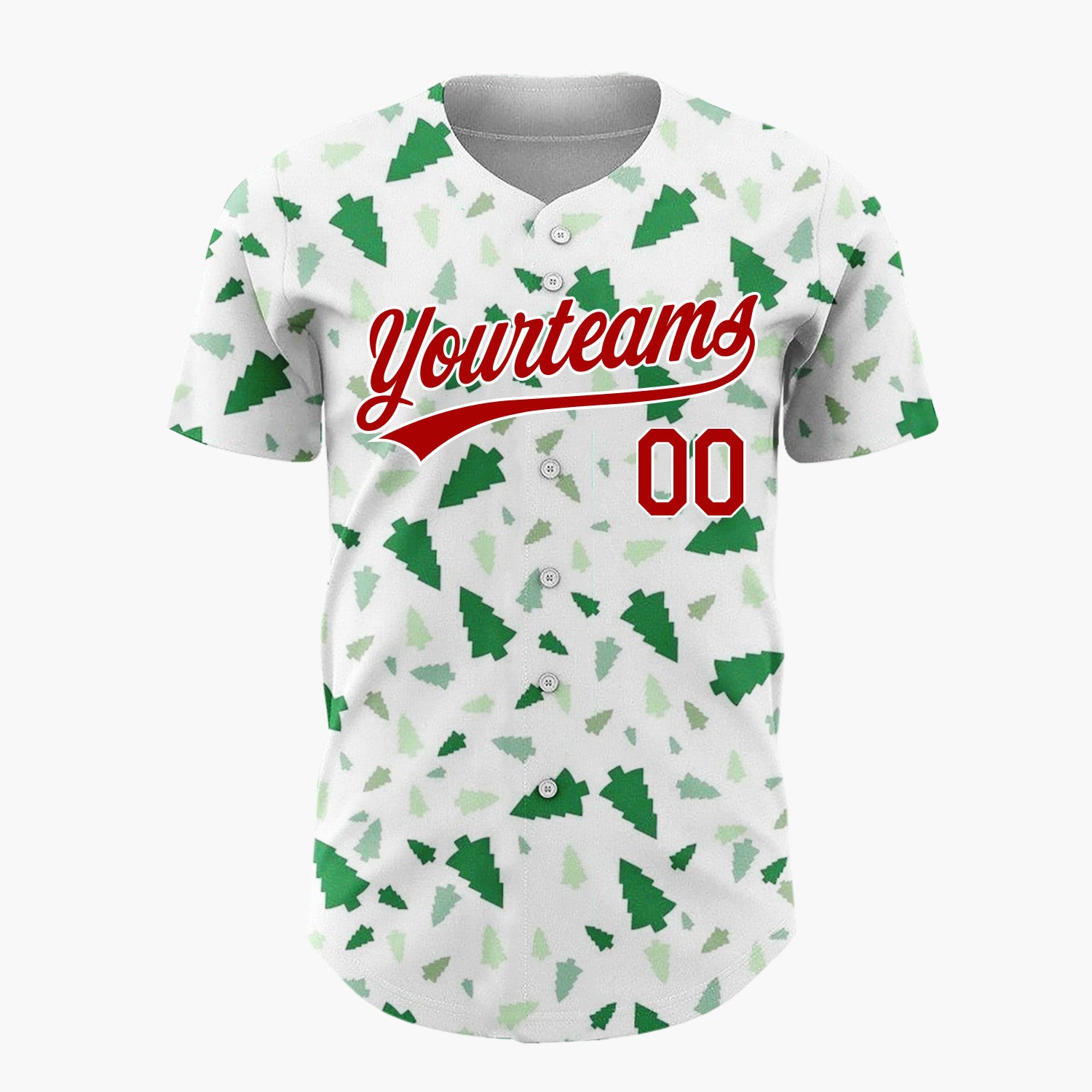 Custom White Scattered Shades Green Fir Tree Shapes Minimalist Christmas Baseball Jersey
