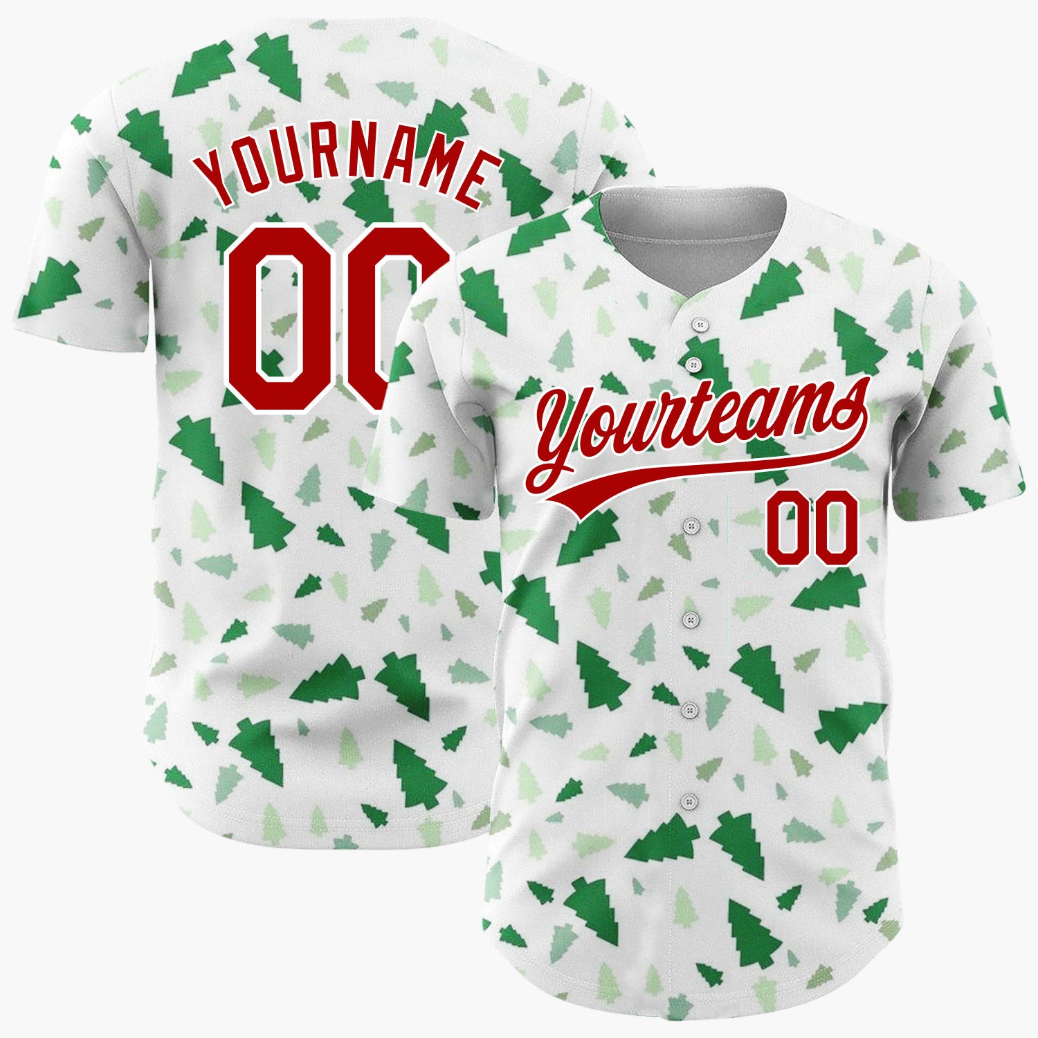 Custom White Scattered Shades Green Fir Tree Shapes Minimalist Christmas Baseball Jersey