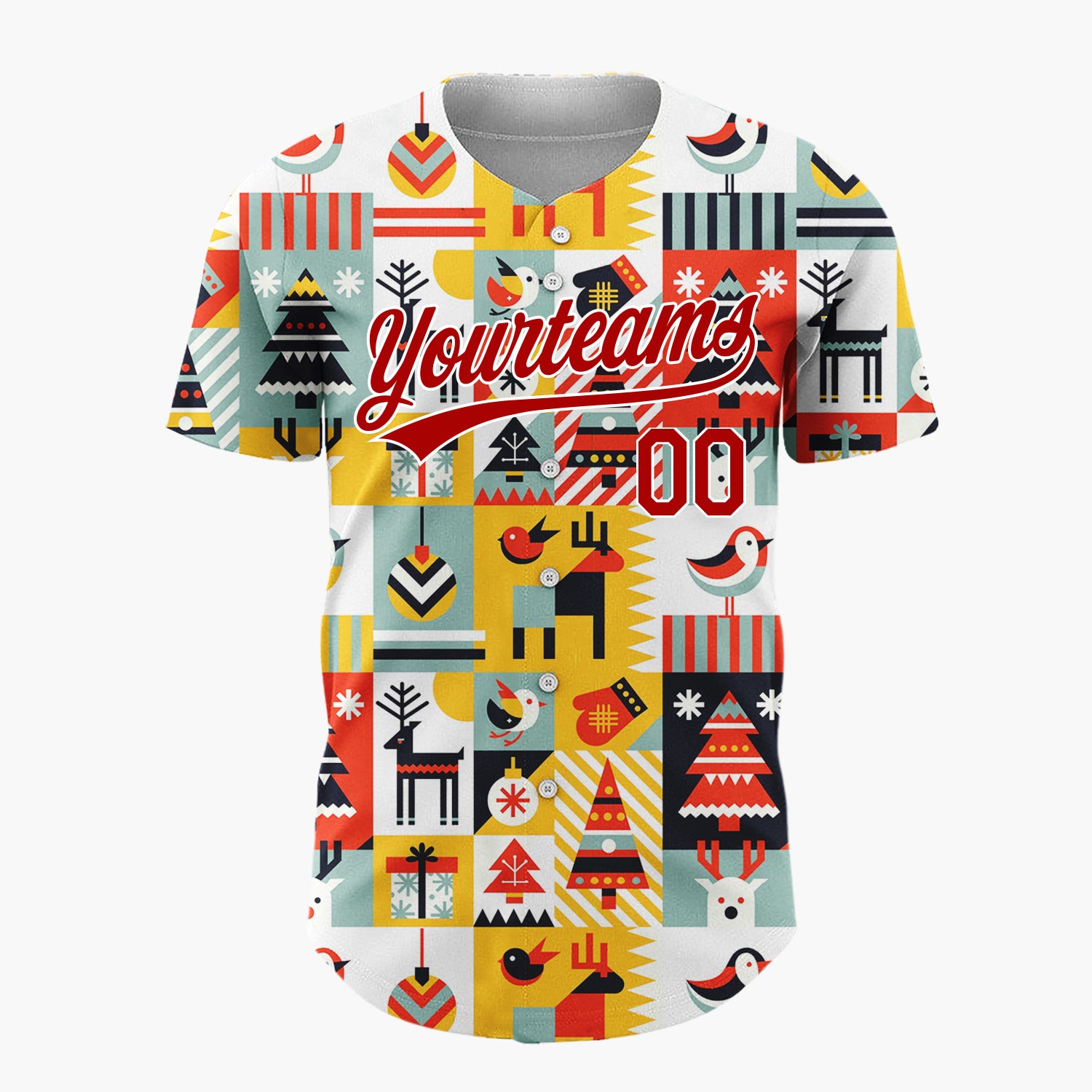 Custom Yellow Multi Color Geometric Reindeer And Trees Graphic Block Pattern Christmas Baseball Jersey