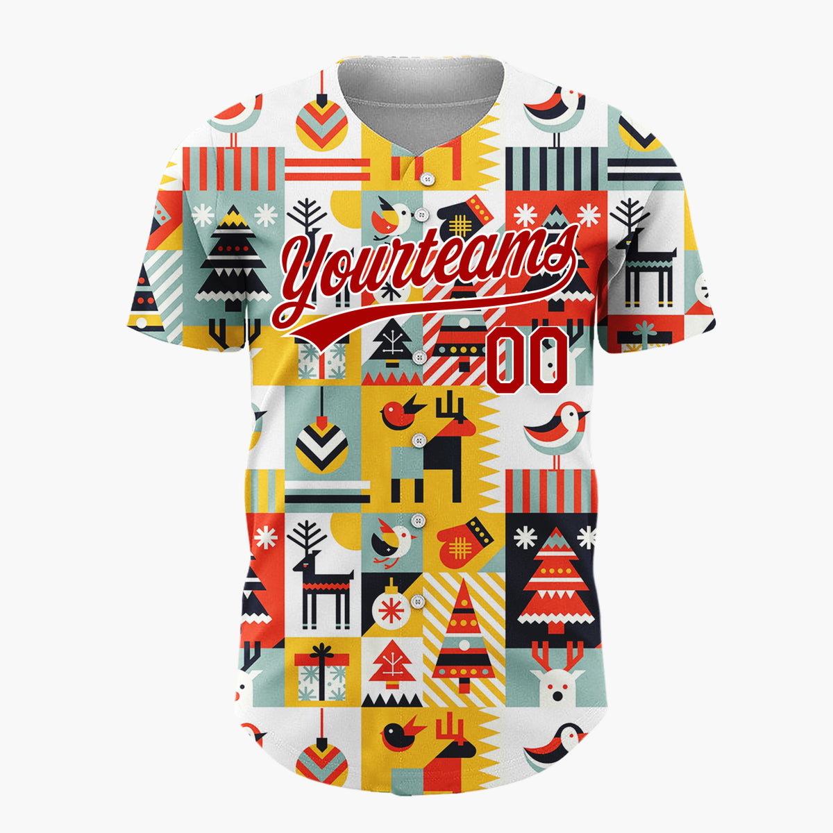 Custom Yellow Multi Color Geometric Reindeer And Trees Graphic Block Pattern Christmas Baseball Jersey