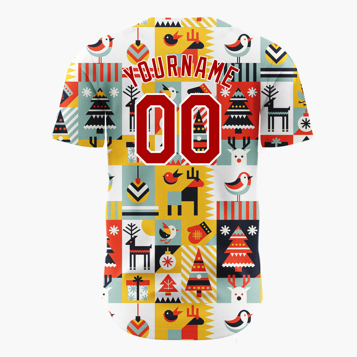 Custom Yellow Multi Color Geometric Reindeer And Trees Graphic Block Pattern Christmas Baseball Jersey